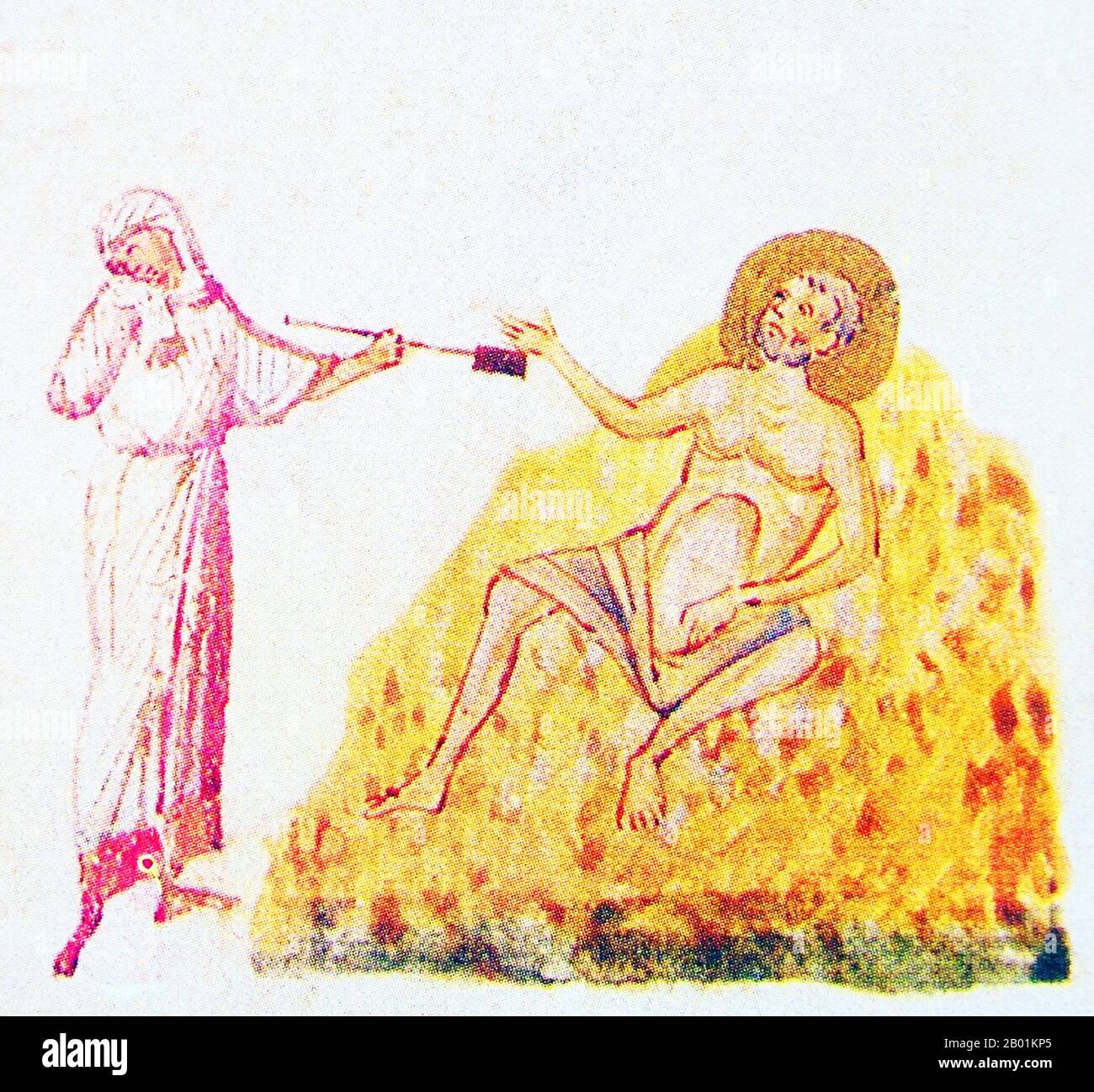 Ukraine : Job et sa femme. Peinture miniature du psautier de Kiev, 1397. Job est le personnage central du Livre de Job dans la Bible hébraïque. Job est également reconnu comme prophète de Dieu dans le Coran. Le Livre de Job commence par une introduction au personnage de Job. Il est décrit comme un homme béni qui vit dans la justice. La louange de Job par Dieu incite Satan à contester l'intégrité de Job et suggère que Job sert Dieu simplement parce qu'il le protège. Dieu enlève la protection de Job, permettant à Satan de prendre sa richesse, ses enfants et sa santé physique afin de tenter Job de maudire Dieu. Banque D'Images