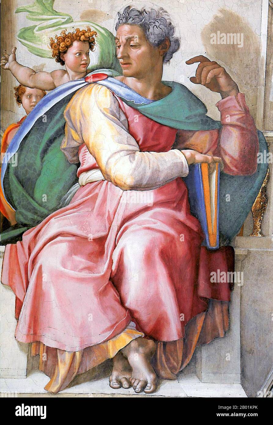 Italie : 'le Prophète Isaïe'. Fresque de Michel-Ange (6 mars 1475 - 18 février 1564) et ses assistants, plafond de la chapelle Sixtine, Cité du Vatican, c. 1508-1512. Isaïe était un prophète dans le Royaume de Juda du 8e siècle avant notre ère. Juifs et chrétiens considèrent le Livre d'Isaïe comme une partie de leur canon biblique ; il est le premier (mais pas le plus ancien) des neviim akharonim, les prophètes postérieurs. Beaucoup d'enseignements du Nouveau Testament de Jésus se réfèrent au livre d'Isaïe. Banque D'Images