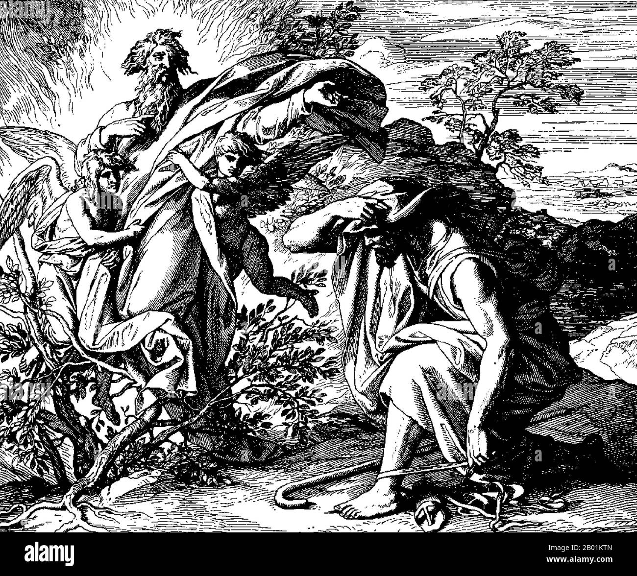 Allemagne : 'Moïse et le Bush brûlant'. Gravure sur bois de Julius Schnorr von Carolsfeld (26 mars 1794 - 24 mai 1872) pour 'Die Bibel in Bildernn', c. 1851-1860. Le buisson brûlant est un objet décrit par le Livre de l'Exode (3:1-21) comme étant situé sur le mont Sinaï ; selon le récit, le buisson était en feu, mais n'a pas été consumé par les flammes, d'où son nom. Dans le récit, le buisson brûlant est l’endroit où Moïse a été nommé par Dieu pour conduire les Israélites hors d’Égypte et en Canaan. Banque D'Images