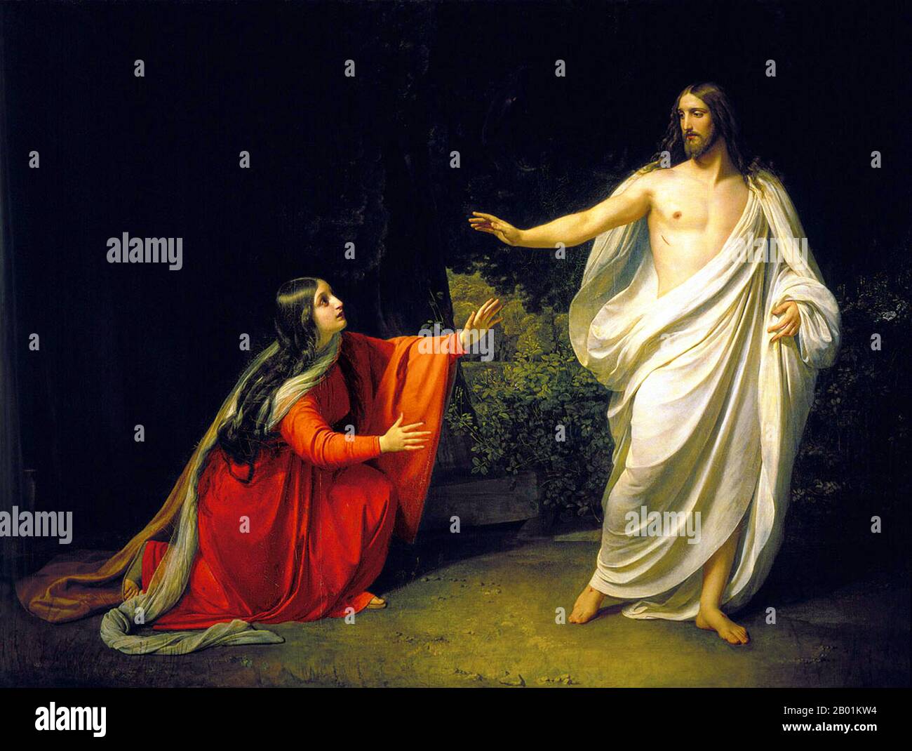 Russie : 'apparition de Jésus-Christ à Maria Magdalena'/'Noli me Tangere (touche-moi pas)'. Peinture à l'huile sur toile d'Alexandre Andreïevitch Ivanov (28 juillet 1806 - 16 juillet 1858), c. 1835. Marie-Madeleine était l'un des disciples les plus célèbres de Jésus, et la plus importante disciple femme dans le mouvement de Jésus. Jésus l'a nettoyée de «sept démons», [Luc 8:2] [Marc 16:9] classiquement interprété comme se référant à des maladies complexes. Elle est devenue la plus importante au cours de ses derniers jours, étant présente à la croix après que les disciples masculins (à l'exception de Jean le bien-aimé) se soient enfuis, et à son enterrement. Banque D'Images