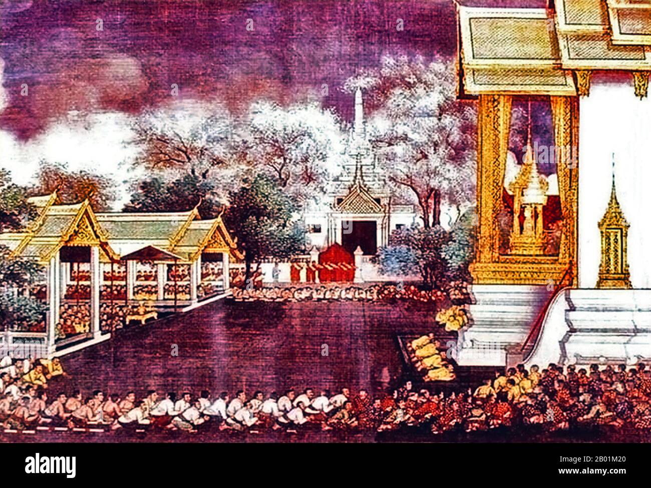 Thaïlande : Taksin le Grand (17 avril 1734 - 7 avril 1782) intronisé roi du Siam, Thonburi, 28 décembre 1768. Murale, 18e siècle. Taksin (Somdet Phra Chao Taksin Maharat) était le seul roi du Royaume de Thonburi. Il est grandement vénéré par le peuple thaïlandais pour son leadership dans la libération du Siam de l'occupation birmane après la deuxième chute d'Ayutthaya en 1767, et l'unification ultérieure du Siam après sa chute sous divers seigneurs de guerre. Il établit la ville de Thonburi comme la nouvelle capitale, car la ville Ayutthaya avait été presque complètement détruite par les envahisseurs. Banque D'Images