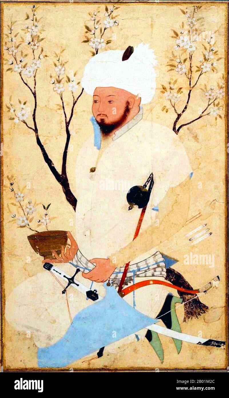 Iran/Perse : émir reposant sous un arbre. Peinture miniature de Shaykh Muhammad (fl. 16e siècle), c. 1557. La dynastie safavide était l'une des dynasties dirigeantes les plus importantes de l'Iran. Ils gouvernent l'un des plus grands empires perses depuis la conquête musulmane de la Perse et établissent l'école des douze de l'Islam chiite comme religion officielle de leur empire, marquant l'un des plus importants tournants de l'histoire musulmane. Les Safavides ont régné de 1501 à 1722 (ils ont connu une brève restauration de 1729 à 1736). Banque D'Images