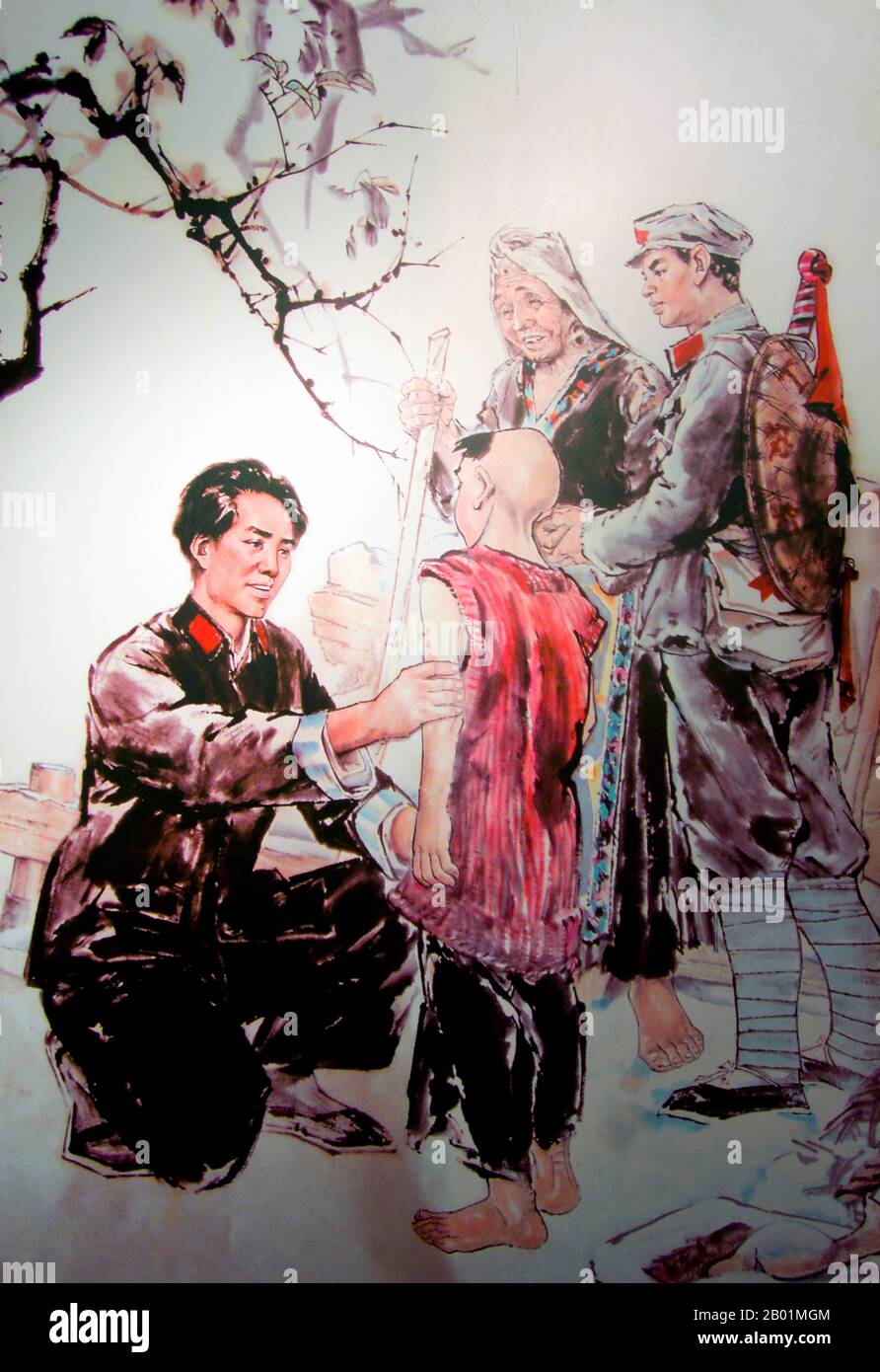 Chine : peinture de Mao Zedong (26 décembre 1893 - 9 septembre 1976), salle de conférence Zunyi Musée révolutionnaire, Zunyi, province du Guizhou. Mao Zedong, également translittéré Mao Tse-tung, était un révolutionnaire communiste chinois, stratège de guérilla, auteur, théoricien politique et leader de la révolution chinoise. Communément appelé président Mao, il a été l'architecte de la République populaire de Chine (RPC) depuis sa création en 1949, et a exercé un contrôle autoritaire sur la nation jusqu'à sa mort en 1976. Banque D'Images