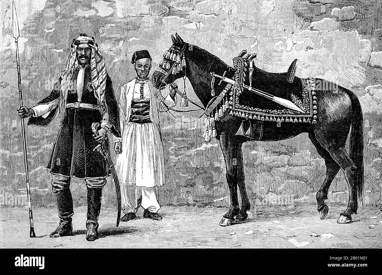 Soudan : Al-Zubayr Rahma Mansur Pacha (1830 - janvier 1913) avec son cheval et un serviteur. Gravure de 'The Graphic', 26 avril 1884. Al-Zubayr Rahma Mansur, également connu sous le nom de Sebehr Rahma ou Rahama Zobeir, était un marchand d'esclaves arabe soudanais à la fin du 19e siècle. Il est ensuite devenu pacha et gouverneur soudanais. Sa réputation de némésis du général Charles Gordon lui conféra un statut quasi mythique en Angleterre, où il fut désigné comme « le plus riche et le pire », un « roi esclave » « qui [avait] enchaîné des lions dans le cadre de son escorte ». Banque D'Images