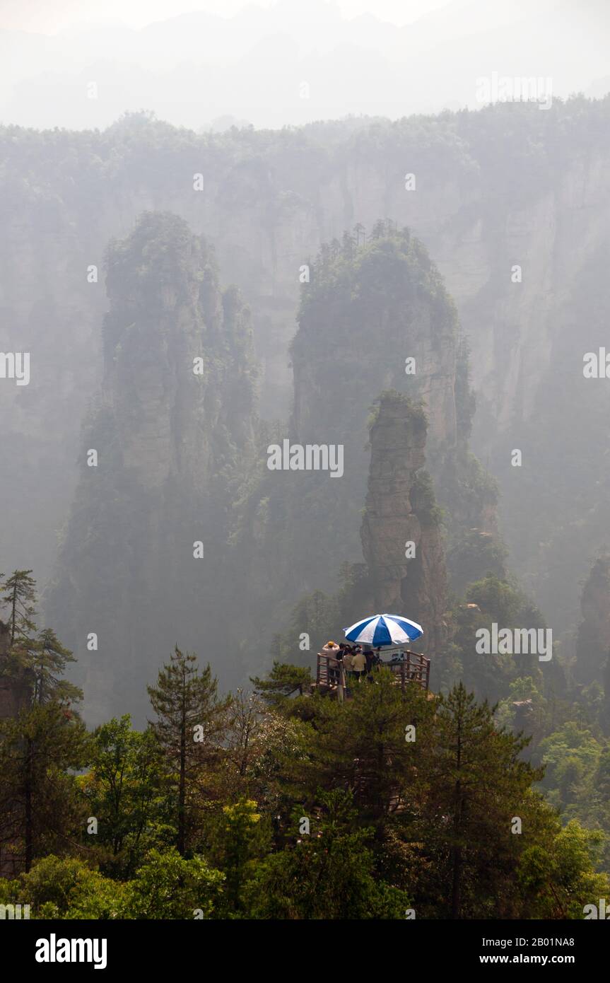 Chine : piliers et sommets de grès de quartzite, Wulingyuan Scenic Area (Zhangjiajie), province du Hunan. Wulingyuan Scenic Reserve est une zone d'intérêt pittoresque et historique dans la province du Hunan. Il est connu pour ses environ 3 100 piliers de grès quartzite, dont certains mesurent plus de 800 mètres (2 600 pieds) de hauteur et sont un type de formation karstique. En 1992, il a été désigné site du patrimoine mondial de l'UNESCO. Banque D'Images