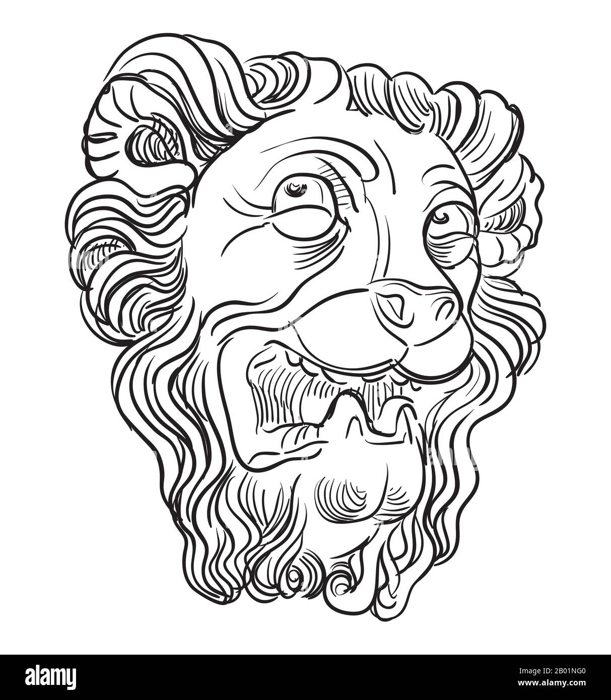 Esquisse d'un détail architectural sous la forme d'une tête de lion, vue de profil. Illustration du dessin vectoriel à la main en couleur noire isolée sur le backgro blanc Illustration de Vecteur