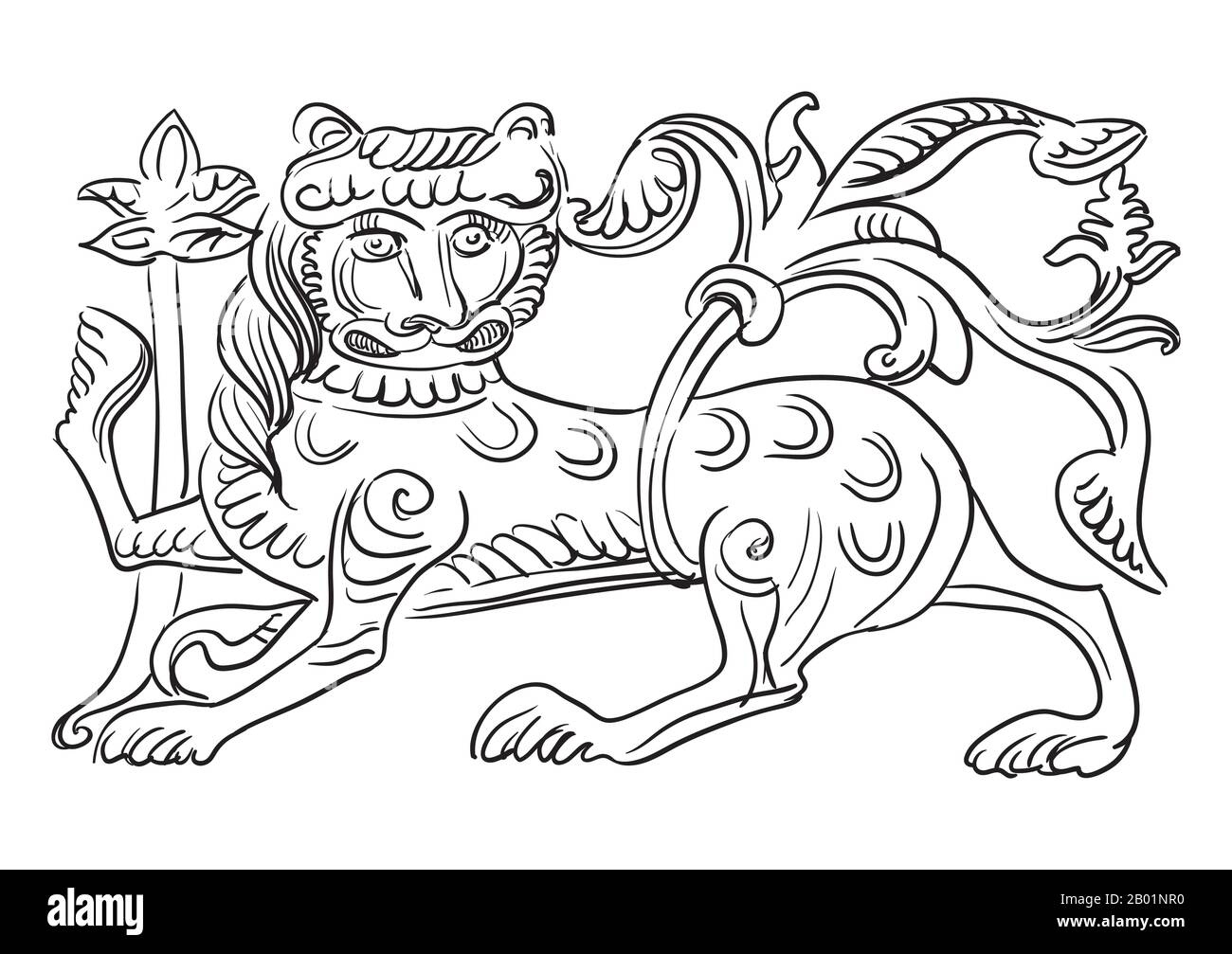 Esquisse d'un détail architectural en forme de lion décoratif. Illustration du dessin vectoriel en couleur noire isolée sur fond blanc. Gra Illustration de Vecteur
