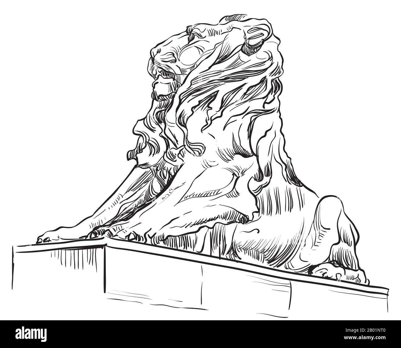 Esquisse de la vue en profil de la statue du lion. Illustration du dessin vectoriel en couleur noire isolée sur fond blanc. Elément graphique pour la conception. Stock il Illustration de Vecteur