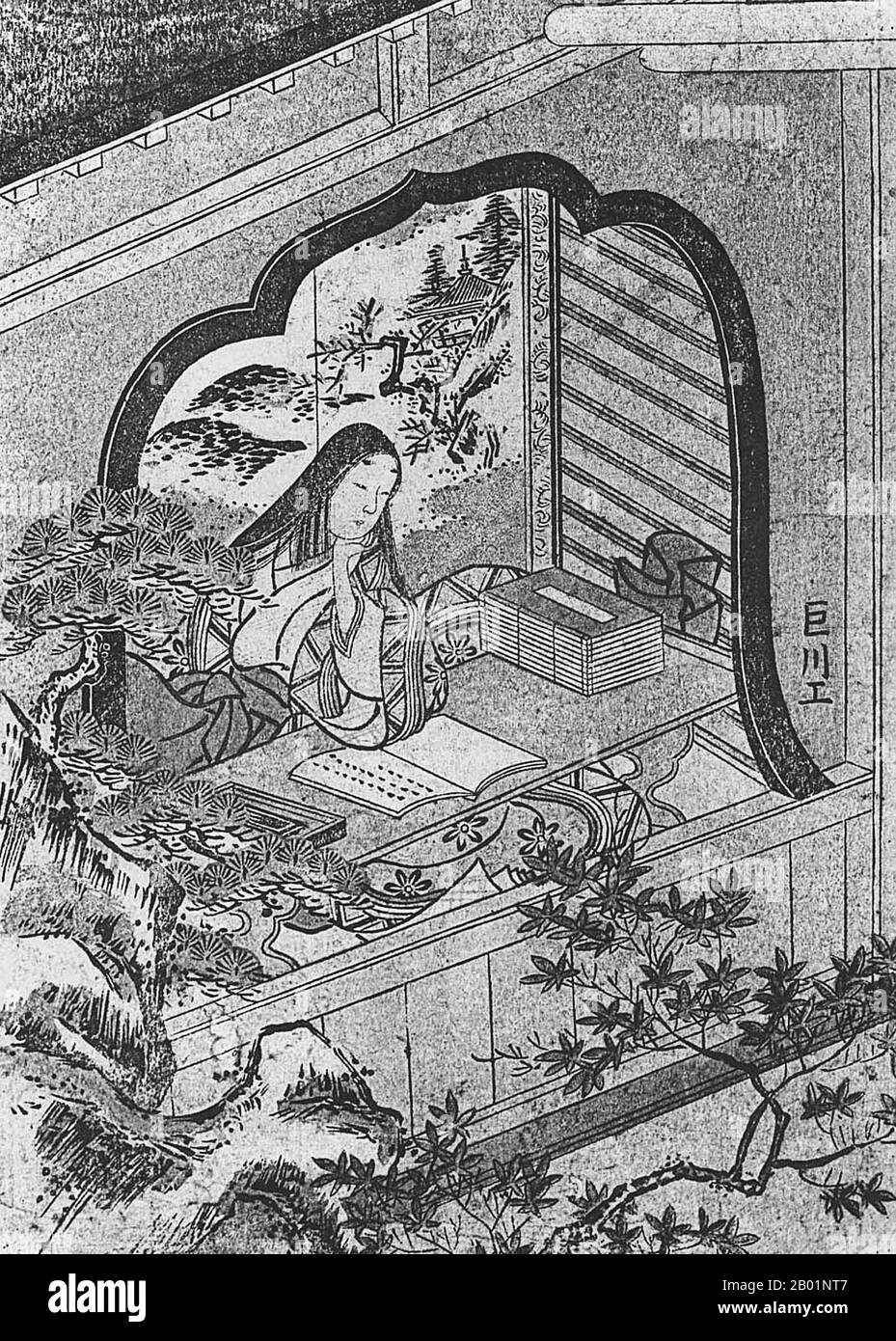 Japon : Murasaki Shikibu (c. 973 - 1014/1025) au temple Ishiyama. Dessin de Kyosen Kawasaki (2 juin 1877 - 15 septembre 1942), début du 20e siècle. Murasaki Shikibu (en anglais : Lady Murasaki) est une romancière, poète et dame d'honneur japonaise à la cour impériale pendant l'époque de Heian. Elle est surtout connue comme l'auteur du Conte du Genji, écrit en japonais entre 1000 et 1012. Murasaki Shikibu est un surnom ; son vrai nom est inconnu, mais elle peut être Fujiwara Takako, qui a été mentionnée dans un journal de la cour de 1007 comme une dame d'honneur impériale. Banque D'Images