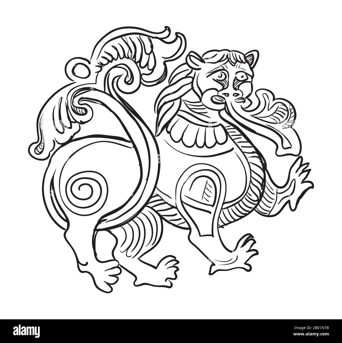 Esquisse d'un relief architectural en pierre d'un lion décoratif. Illustration du dessin vectoriel en couleur noire isolée sur fond blanc. Graphique El Illustration de Vecteur