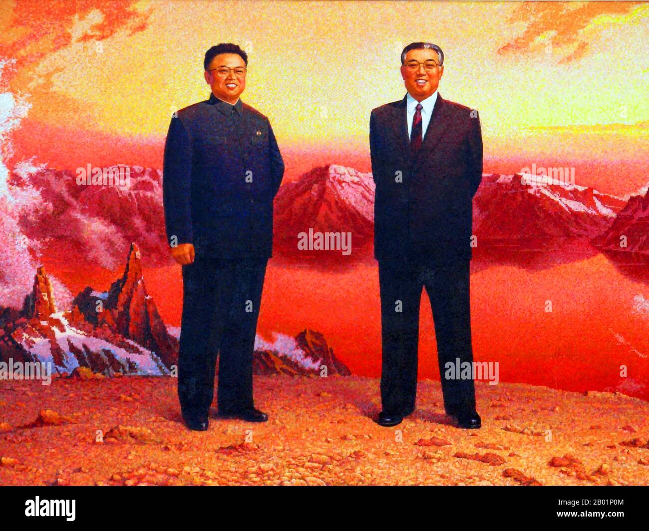 Corée : affiche de propagande nord-coréenne (RPDC) montrant Kim il Sung (en costume d'affaires) avec Kim Jong il (en costume de Mao) tous deux rayonnant au sommet d'une chaîne de montagnes, Pyongyang. Le réalisme socialiste est un style d'art réaliste qui s'est développé sous le socialisme en Union soviétique et est devenu un style dominant dans d'autres pays communistes. Le réalisme socialiste est un style téléologique ayant pour but la poursuite des objectifs du socialisme et du communisme Banque D'Images