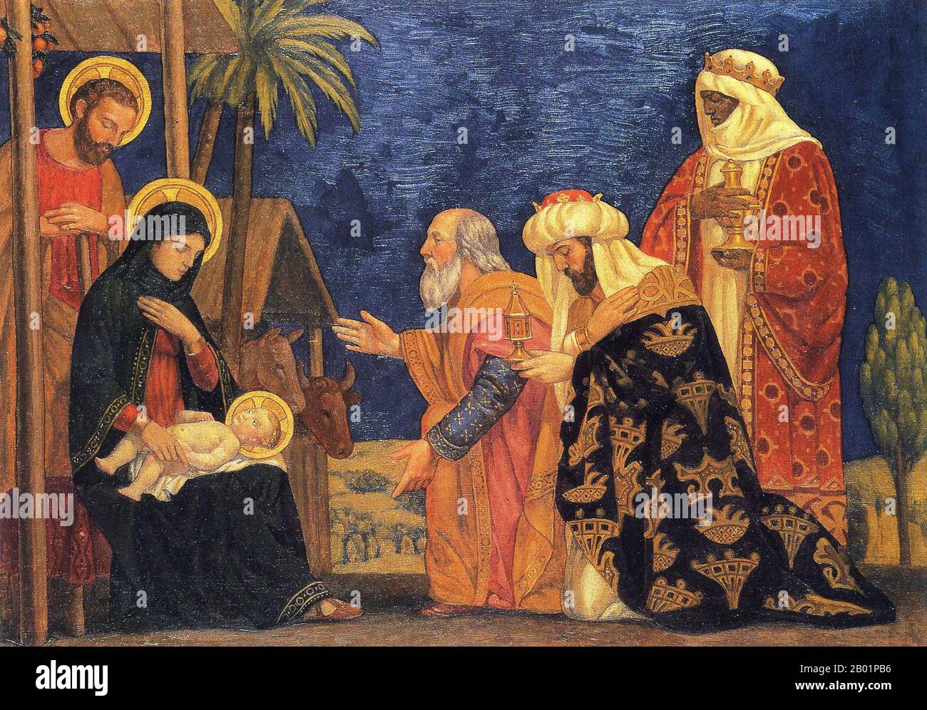 USA : 'The Magi'. Peinture à l'huile sur toile de Henry Siddons Mowbray (5 août 1858 - 13 janvier 1928), c. 1915. Magi (latin pluriel de magus ; anglais singulier magian, mage, magus, magusian, Magusaean) est un terme, utilisé depuis au moins le 4e siècle av. J.-C., pour désigner les adeptes de Zoroastre, ou plutôt, les adeptes de ce que le monde hellénistique associait à Zoroastre, qui était - dans l'essentiel - la capacité de lire les étoiles, et de manipuler le destin que les étoiles prédisaient. Banque D'Images USA : 'The Magi'. Peinture à l'huile sur toile de Henry Siddons Mowbray (5 août 1858 - 13 janvier 1928), c. 1915. Magi (latin pluriel de magus ; anglais singulier magian, mage, magus, magusian, Magusaean) est un terme, utilisé depuis au moins le 4e siècle av. J.-C., pour désigner les adeptes de Zoroastre, ou plutôt, les adeptes de ce que le monde hellénistique associait à Zoroastre, qui était - dans l'essentiel - la capacité de lire les étoiles, et de manipuler le destin que les étoiles prédisaient. Banque D'Images
