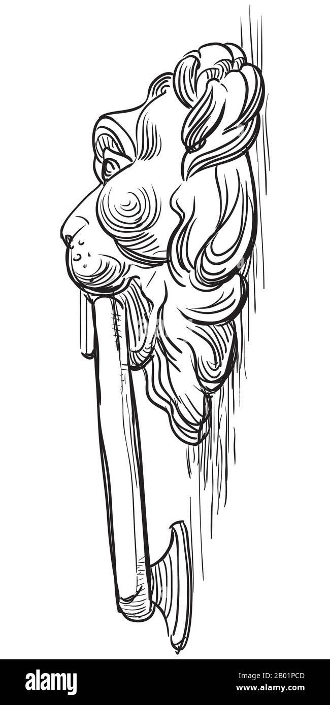 Esquisse d'un détail architectural en forme de tête de lion (poignée de porte), vue en profil. Illustration du dessin vectoriel à la main en couleur noire isolée sur Illustration de Vecteur