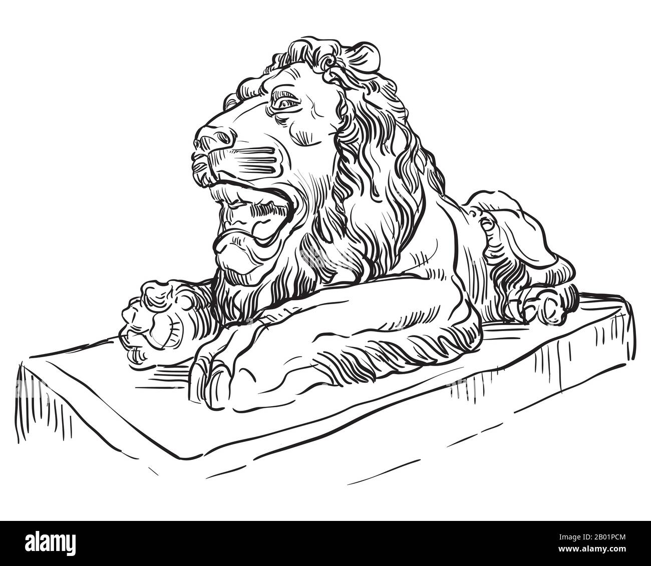 Esquisse de la vue en profil de la statue du lion couché. Illustration du dessin vectoriel en couleur noire isolée sur fond blanc. Elément graphique pour la conception. St Illustration de Vecteur