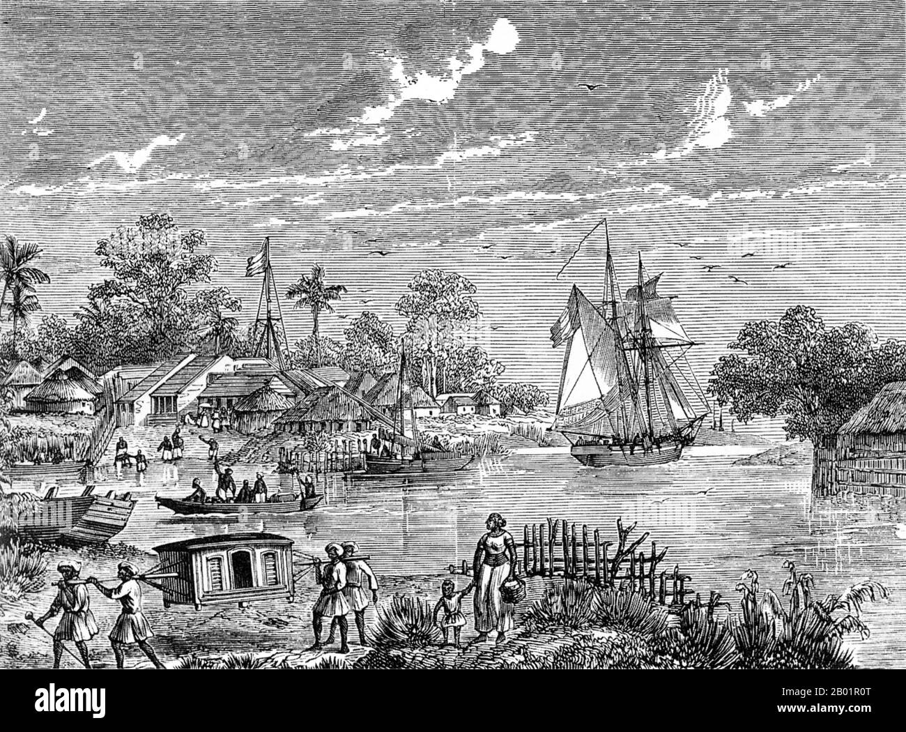 Inde/France : un fort français à Yanaon (aujourd'hui Yanam), une ville dans le delta du fleuve Godavari, Inde française. Gravure de Louis le Breton (1818-1866), 1857. Yanaon a été l'une des cinq principales colonies de l'Inde française de 1731 jusqu'à son incorporation dans une Inde indépendante en 1954. L'Inde française était une colonie française composée de cinq enclaves géographiquement séparées principalement sur la côte orientale du sous-continent indien : Pondichéry, Karikal, Yanam, Mahé et Chandernagor. Initialement, ces enclaves étaient des usines de la Compagnie française des Indes orientales. Banque D'Images