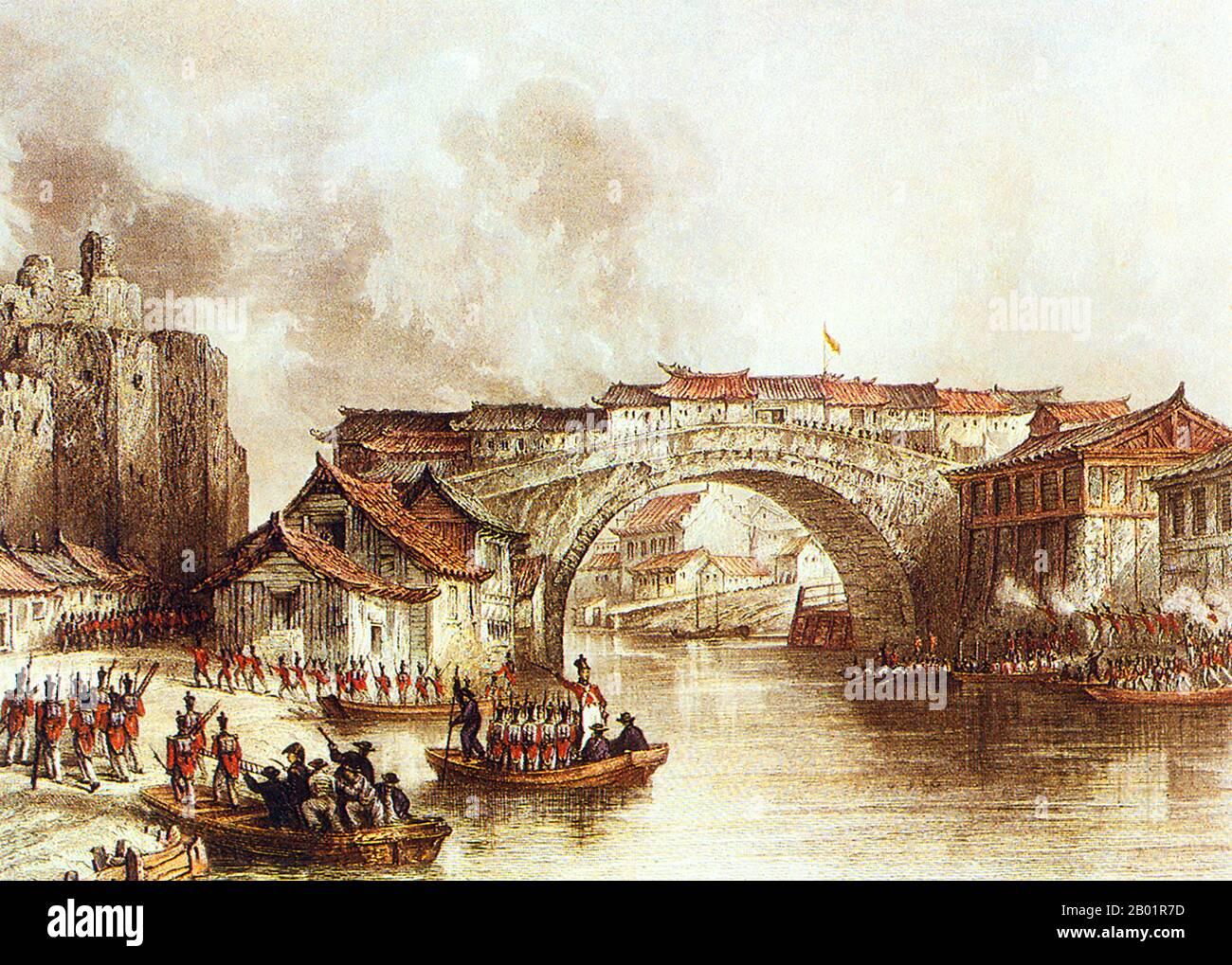 Chine : 'porte ouest de Ching-Keang-Foo'. Gravure de Thomas Allom (13 mars 1804 - 21 octobre 1872), 1843. Les troupes britanniques débarquent sur un pont au-dessus du Grand Canal, bataille de Chinkiang. La bataille de Chinkiang (Zhenjiang, Jiangsu) a eu lieu entre les forces britanniques et chinoises à Chinkiang, en Chine, le 21 juillet 1842 pendant la première guerre de l'opium. Ce fut la dernière grande bataille de la guerre. La capture britannique de ce bastion leur permit d'avancer vers Nankin. Cette impression était basée sur un croquis de témoin oculaire réalisé par le capitaine de marine James Stoddart au moment du siège en 1842. Banque D'Images