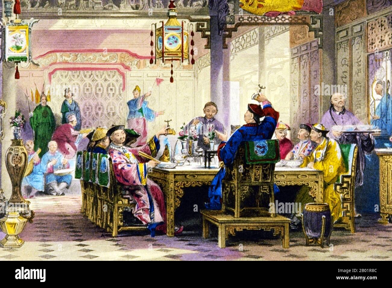 Chine : 'Dinner Party at a Mandarin's House'. Gravure de Thomas Allom, (13 mars 1804 - 21 octobre 1872) c. 1843. Thomas Allom était un architecte, artiste et illustrateur topographique anglais. Il est l'un des membres fondateurs de ce qui deviendra le Royal Institute of British Architects (RIBA). Il a conçu de nombreux bâtiments à Londres, dont l'église Saint-Pierre et des parties de l'élégant Ladbroke Estate à Notting Hill. Il a également travaillé avec Sir Charles Barry sur de nombreux projets, notamment les chambres du Parlement, et est également connu pour ses nombreux travaux topographiques. Banque D'Images