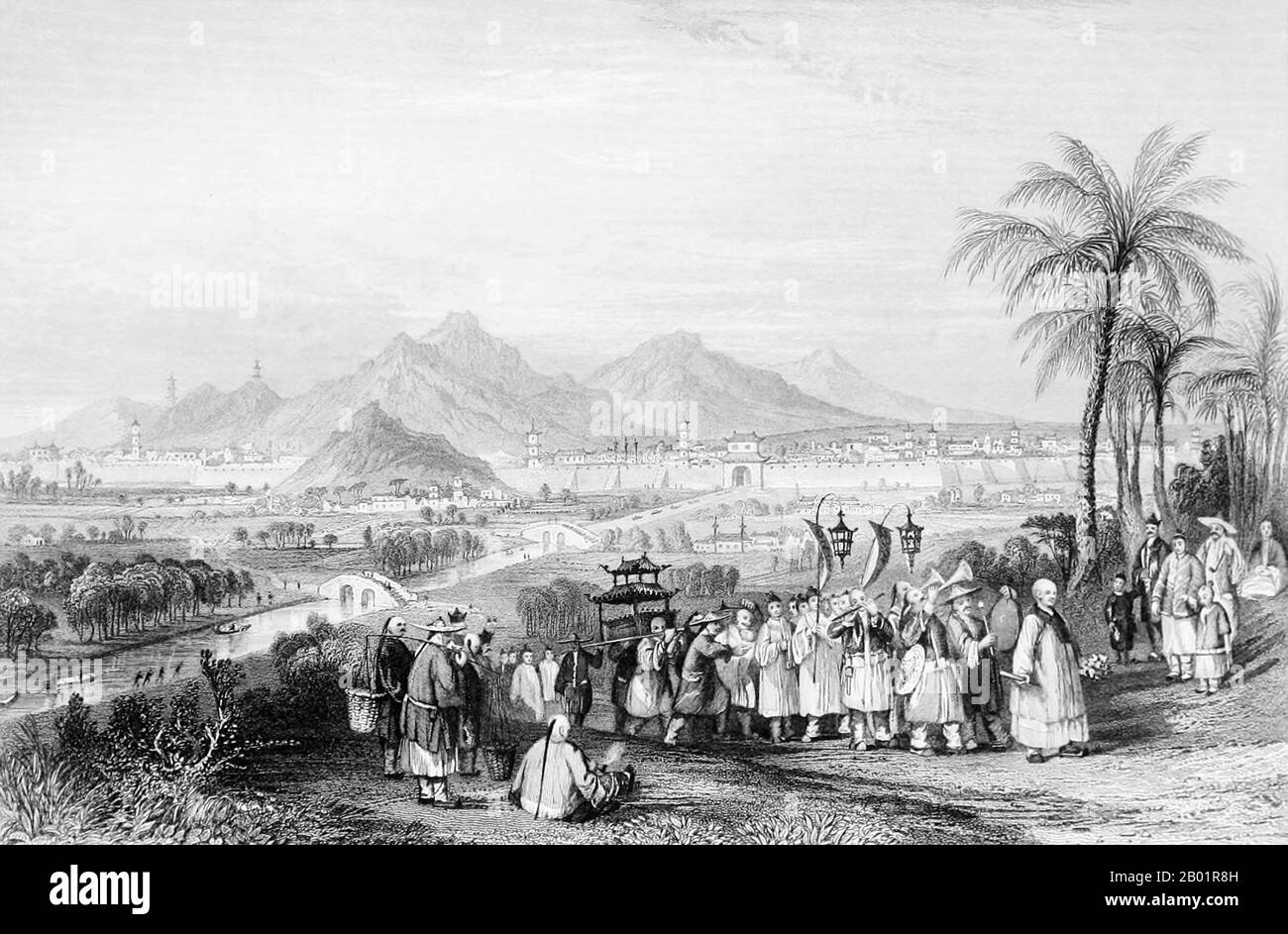 Chine/Royaume-Uni : 'une procession funéraire à l'extérieur de la ville de Nankin'. Gravure de Thomas Allom (13 mars 1804 - 21 octobre 1872), 1843. Thomas Allom était un architecte, artiste et illustrateur topographique anglais. Il est l'un des membres fondateurs de ce qui deviendra le Royal Institute of British Architects (RIBA). Il a conçu de nombreux bâtiments à Londres, dont l'église Saint-Pierre et des parties de l'élégant Ladbroke Estate à Notting Hill. Il a également travaillé avec Sir Charles Barry sur de nombreux projets, notamment les chambres du Parlement, et est également connu pour ses nombreux travaux topographiques. Banque D'Images