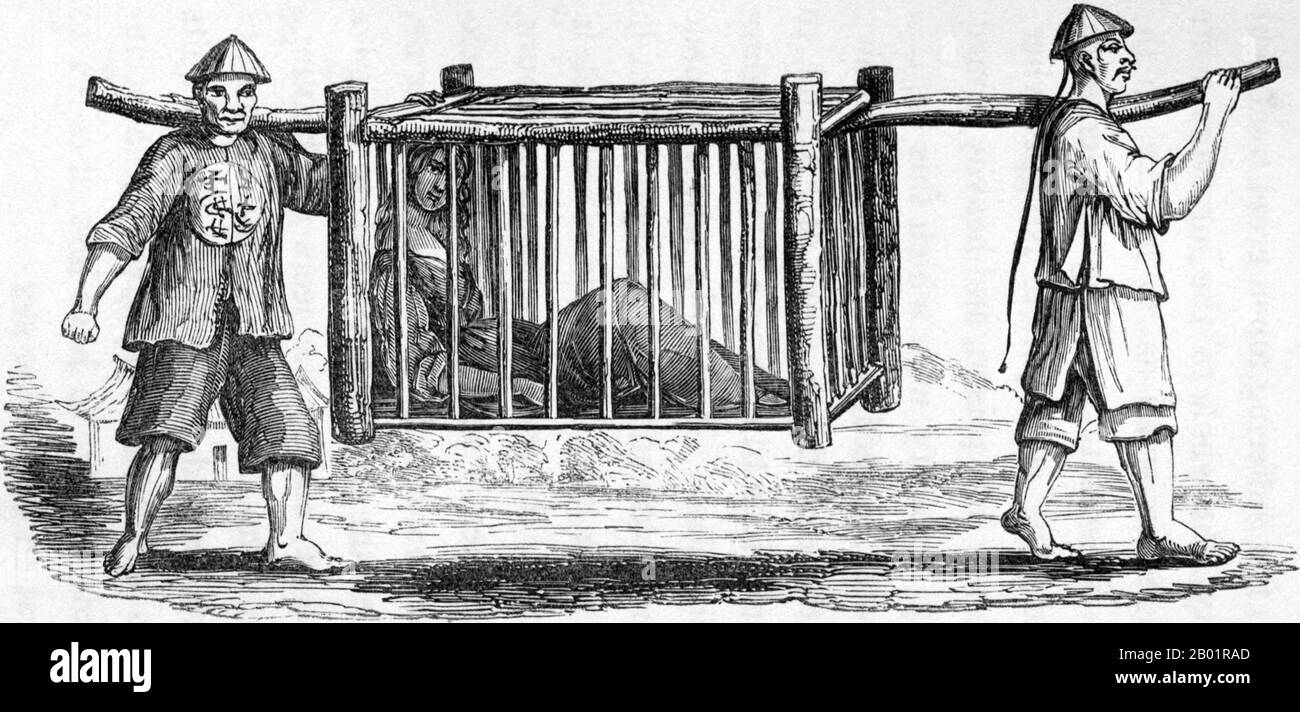 Chine/Royaume-Uni: "Mme Noble emprisonnée dans une cage chinoise". Gravure sur bois par E. T. Wigan, 1844. 'Nos lecteurs n'auront pas oublié les circonstances du naufrage du Kite, Indiaman oriental, sur la côte chinoise; et le sort de l'équipage, et la cruauté révoltante pratiquée par les indigènes sur Mme Noble, l'épouse du capitaine du cerf-volant, qui a été enfermée dans une cage et transportée pendant six semaines. Reportage sensationnaliste (et exagéré) dans The Illustrated London News (13 août 1842). En fait, Mme Noble a été emprisonnée dans la cage pendant environ deux jours. Banque D'Images