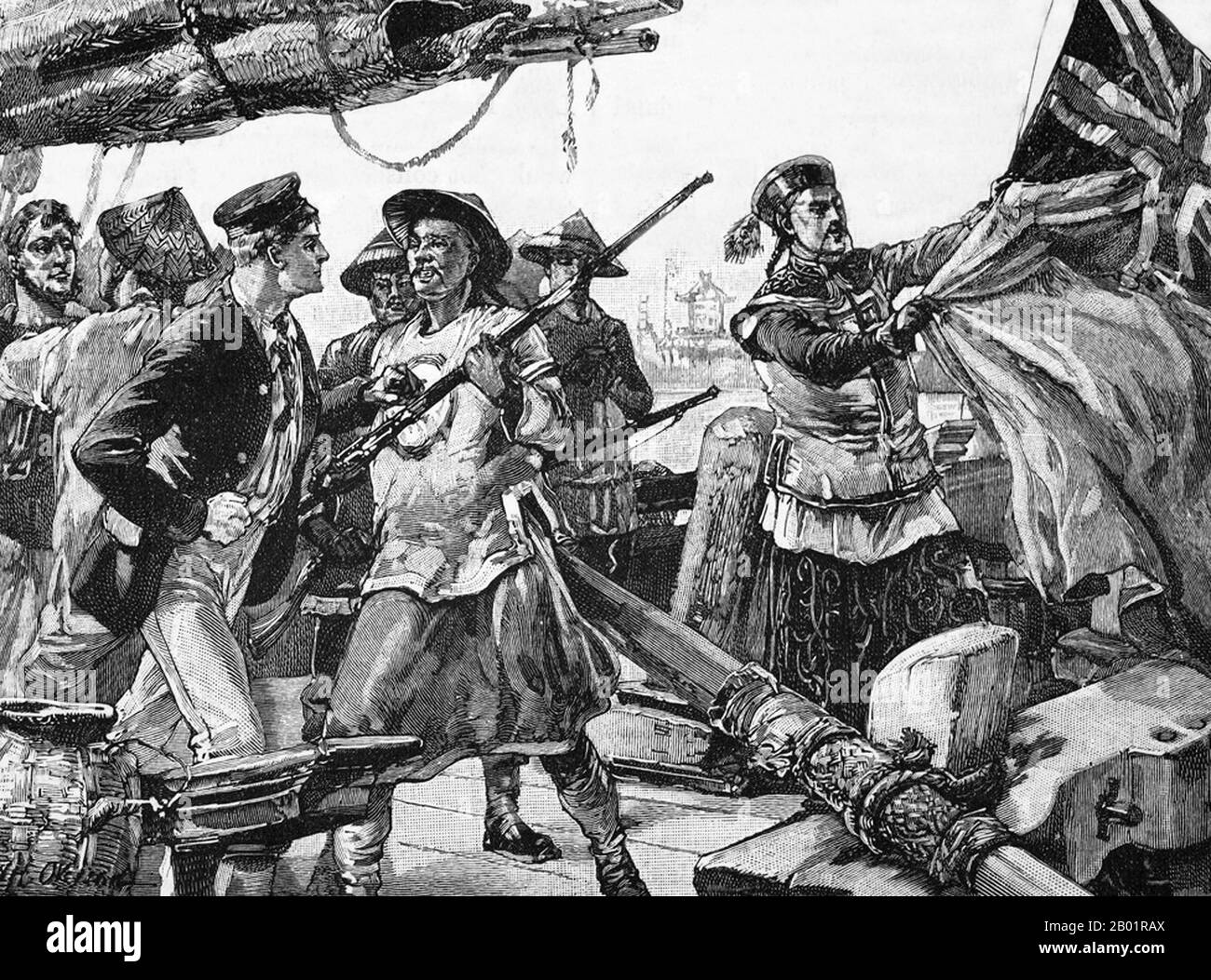 Chine/Royaume-Uni : 'officiers chinois transportant le drapeau britannique sur la flèche'. Gravure de William Heysham Overend (1851-1898), 8 octobre 1856. Le 8 octobre 1856, des responsables Qing sont montés à bord de l'Arrow, un navire chinois (un lorcha) qui avait été immatriculé à Hong Kong et était soupçonné de piraterie et de contrebande. Douze membres d'équipage chinois ont été arrêtés pour piraterie soupçonnés par les autorités chinoises. Les responsables britanniques à Guangzhou ont exigé la libération des marins, affirmant que parce que le navire avait été récemment immatriculé au Royaume-Uni, il était protégé par le traité de Nankin. Banque D'Images