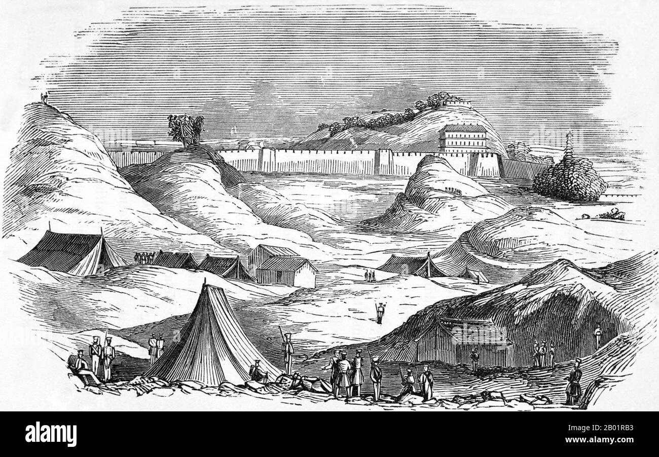 Chine/Royaume-Uni : 'The Heights of Canton'. Gravure sur bois par E. T. Wigan, 1844. La première guerre anglo-chinoise (1839-1842), connue sous le nom de première guerre de l'opium ou simplement guerre de l'opium, a été combattue entre le Royaume-Uni et la dynastie Qing de Chine pour leurs points de vue contradictoires sur les relations diplomatiques, le commerce et l'administration de la justice. Les autorités chinoises souhaitaient arrêter ce qui était perçu comme une sortie d'argent et contrôler la propagation de l'opium, et confisquaient les approvisionnements d'opium aux commerçants britanniques. Banque D'Images