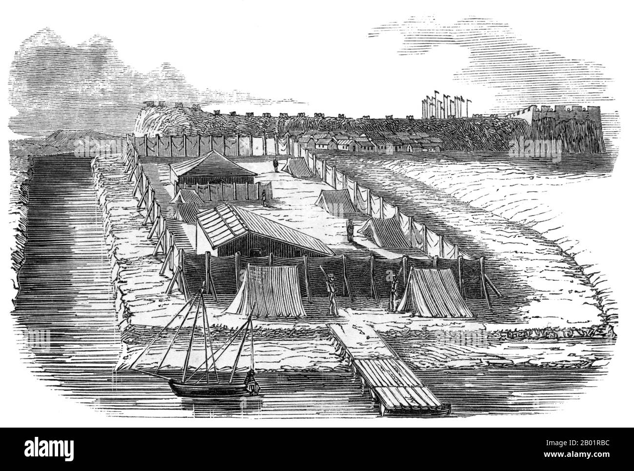 Chine/Royaume-Uni : 'campement à Toong-koo, où le capitaine Elliot a rencontré Keshen'. Gravure sur bois par E. T. Wigan, 1844. La première guerre anglo-chinoise (1839-1842), connue sous le nom de première guerre de l'opium ou simplement guerre de l'opium, a été combattue entre le Royaume-Uni et la dynastie Qing de Chine pour leurs points de vue contradictoires sur les relations diplomatiques, le commerce et l'administration de la justice. Les autorités chinoises souhaitaient arrêter ce qui était perçu comme une sortie d'argent et contrôler la propagation de l'opium, et confisquaient les approvisionnements d'opium aux commerçants britanniques. Banque D'Images