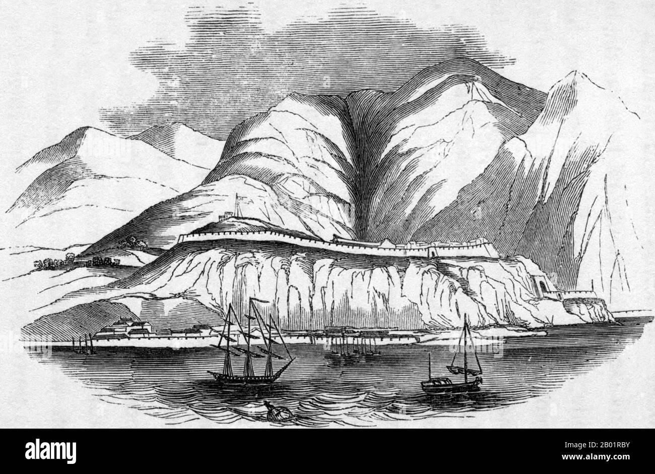 Chine/Royaume-Uni : fort de Chusan, première guerre de l'opium (1839-1842). Gravure, c. 1840. La première guerre anglo-chinoise (1839-1842), connue sous le nom de première guerre de l'opium ou simplement guerre de l'opium, a été combattue entre le Royaume-Uni et la dynastie Qing de Chine pour leurs points de vue contradictoires sur les relations diplomatiques, le commerce et l'administration de la justice. Les autorités chinoises souhaitaient arrêter ce qui était perçu comme une sortie d'argent et contrôler la propagation de l'opium, et confisquaient les approvisionnements d'opium aux commerçants britanniques. Banque D'Images