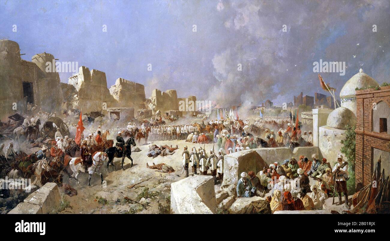 Ouzbékistan : les troupes russes prennent Samarkand, 8 juin 1868. Huile sur toile de Nikolay Karazin (1842-1908), 1888. Dès que la conquête russe du Caucase a été achevée à la fin des années 1850, le ministère russe de la Guerre a commencé à envoyer des forces militaires contre les khanats d'Asie centrale. Trois grands centres de population des khanats - Tachkent, Boukhara et Samarkand - ont été capturés en 1865, 1867 et 1868, respectivement. En 1868, le Khanat de Boukhara signe un traité avec la Russie faisant de Boukhara un protectorat russe, tandis que Khiva devient un protectorat russe en 1873. Banque D'Images