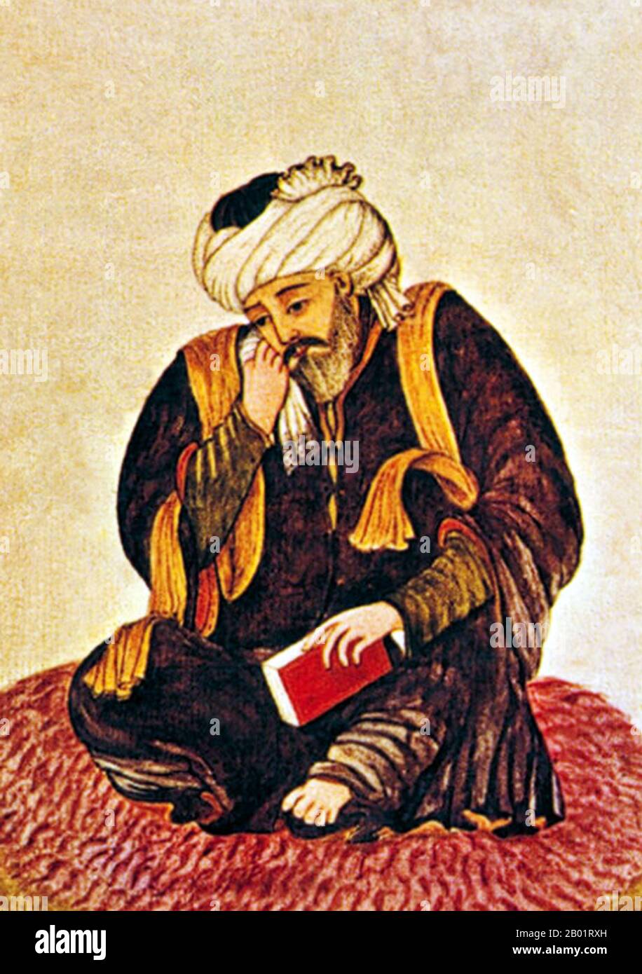 Iran/Syrie : poète persan Hafez Shirazi (c. 1325-1390). Peinture miniature conservée au Musée national de Damas, 14e siècle. Khwāja Shamsu d-Dīn Muhammad Hāfez-e Shīrāzī, connu sous son nom de plume Hāfez, était un poète lyrique persan. Ses œuvres rassemblées composées de séries de poésie persane (divan) se trouvent dans les maisons de la plupart des locuteurs persans en Iran et en Afghanistan, ainsi qu'ailleurs dans le monde, qui apprennent ses poèmes par cœur et les utilisent comme proverbes et dictons jusqu'à ce jour. Sa vie et ses poèmes ont fait l'objet de nombreuses analyses, commentaires et interprétations. Banque D'Images