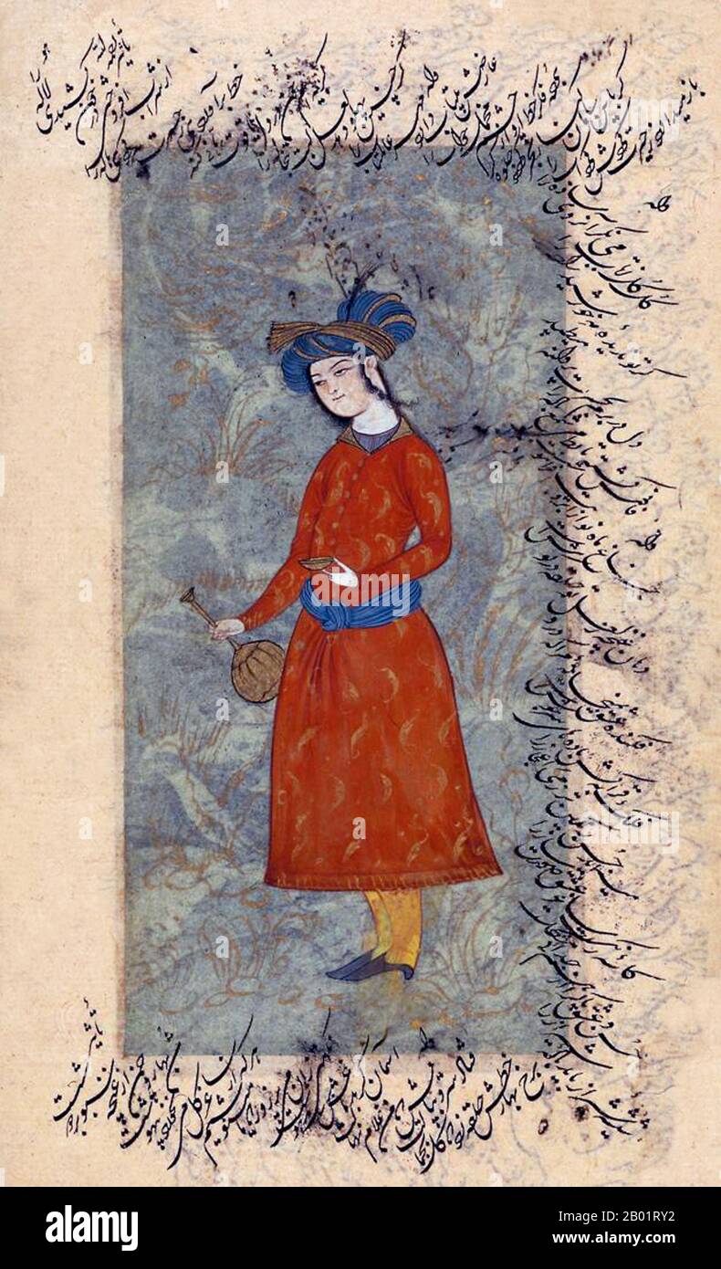 Iran/Perse : peinture miniature d'un jeune homme au vin, entourée de versets de Hafez Shirazi, Reza Abbasi (1565-1635), 17e siècle. Khwāja Shamsu d-Dīn Muhammad Hāfez-e Shīrāzī, connu sous son nom de plume Hāfez, était un poète lyrique persan. Ses œuvres rassemblées composées de séries de poésie persane (divan) se trouvent dans les maisons de la plupart des locuteurs persans en Iran et en Afghanistan, ainsi qu'ailleurs dans le monde, qui apprennent ses poèmes par cœur et les utilisent comme proverbes et dictons jusqu'à ce jour. Sa vie et ses poèmes ont fait l'objet de nombreuses analyses, commentaires et interprétations. Banque D'Images