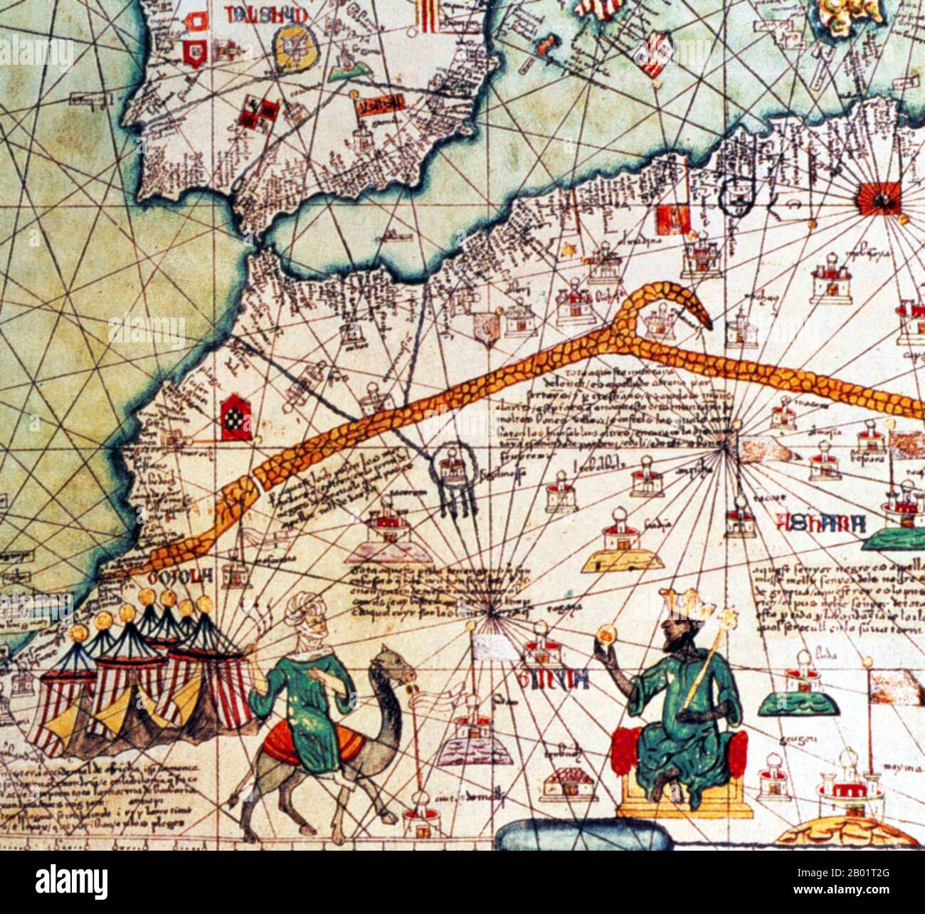 Mali : Mansa Musa (c. 1280-1337), roi du Mali, tenant un sceptre et une pièce d'or. Détail de l'Atlas catalan par Abraham Cresques, 1375. Moussa Ier, communément appelé Mansa Musa, était la dixième mansa, qui se traduit par « roi des rois » ou « empereur », de l'Empire malien. À l'époque de l'accession au trône de Mansa Musa, l'Empire malien se composait de territoires appartenant autrefois à l'Empire du Ghana et à Melle (Mali) et de zones environnantes immédiates. Musa détient de nombreux titres, dont celui d'émir de Melle, seigneur des Mines de Wangara, et conquérant de Ghanata, de Futa-Jallon et d'une douzaine d'autres États. Banque D'Images