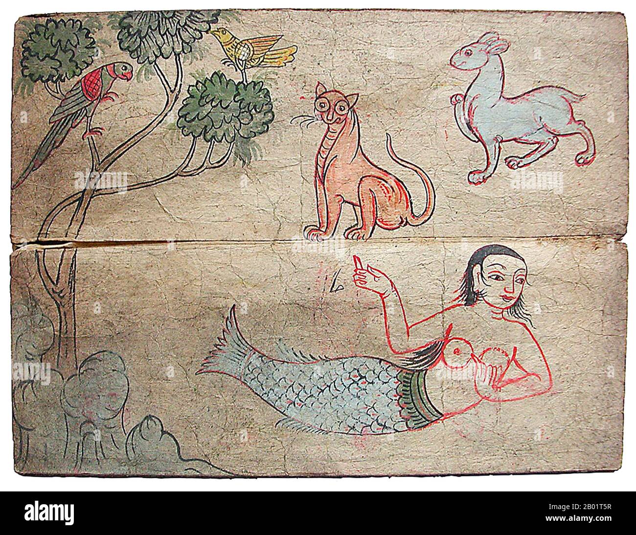 Birmanie/Myanmar : peinture d'une sirène et d'autres créatures, certaines mythiques, 18e siècle. Ce folio provient d'un livre de référence de peintures probablement conçu comme un guide pour les peintres muraux de temple. Banque D'Images