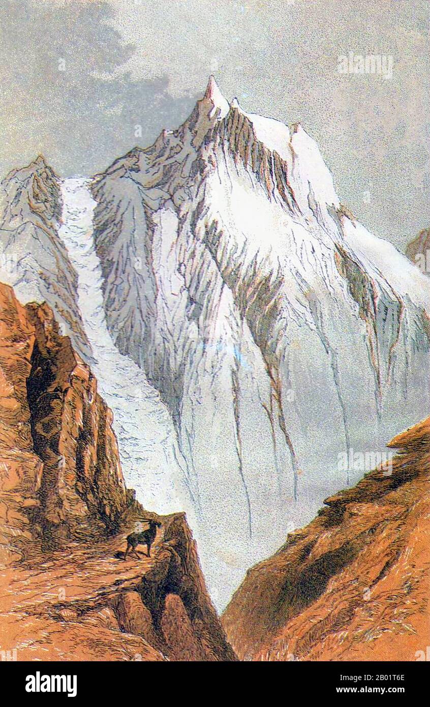 Chine : 'pic sur la plage Kuen LUN'. Chèvre sur une piste de montagne dans le haut Kunlun Shan. Dessin du Major Strutt d'après un croquis de Robert Shaw tiré du livre 'visites au Haut Tartaire', 1871. Les montagnes Kunlun (Kūnlún Shān) sont l'une des plus longues chaînes montagneuses d'Asie, s'étendant sur plus de 3 000 km Au sens le plus large, il forme la bordure nord du plateau tibétain au sud du bassin du Tarim et du corridor du Gansu et continue à l'est au sud de la rivière Wei jusqu'à la plaine de Chine du Nord. Banque D'Images