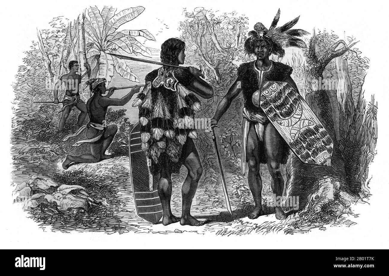 Malaisie/Sarawak : 'Dayaks dans leur robe de guerre'. Gravure de F. Boyle dans The Illustrated London News, 5 novembre 1864. Les Dayak ou Dyak sont des indigènes de Bornéo. « Dayak » est un terme vague pour plus de 200 sous-groupes ethniques riverains et montagneux, situés principalement à l'intérieur de Bornéo, chacun avec son dialecte, ses coutumes, ses lois, son territoire et sa culture, bien que les traits distinctifs communs soient facilement identifiables. Les langues Dayak sont classées dans les langues austronésiennes en Asie. Les Dayak étaient animistes dans la croyance, mais beaucoup se sont convertis au christianisme. Banque D'Images