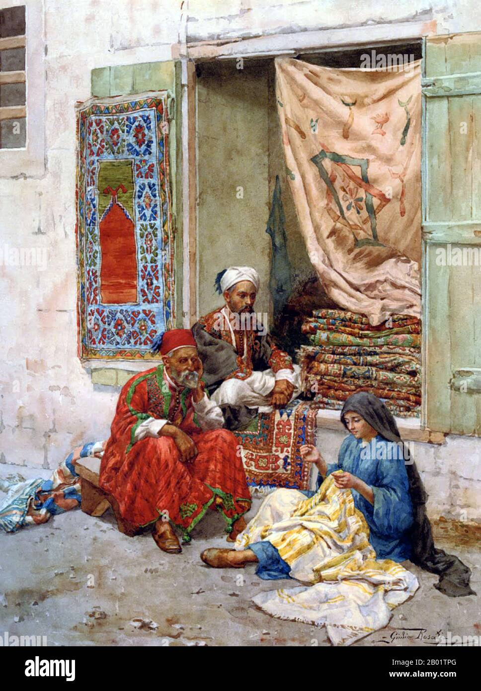 Italie/Egypte : « les marchands de tapis ». Aquarelle de Giulio Rosati (1858 - 16 février 1917), vers la fin du XIXe siècle. Un tapis oriental authentique est un tapis fait à la main qui est noué avec du velours ou tissé sans velours. Par définition - les tapis orientaux sont des tapis qui viennent de l'Orient. La définition simple du terme serait - tapis qui viennent (ont été fabriqués dans) un pays asiatique comme : la Chine et le Vietnam à l'est à la Turquie, les pays du Maghreb, Chypre et l'Iran à l'ouest et le Caucase au nord à l'Inde au sud. Banque D'Images