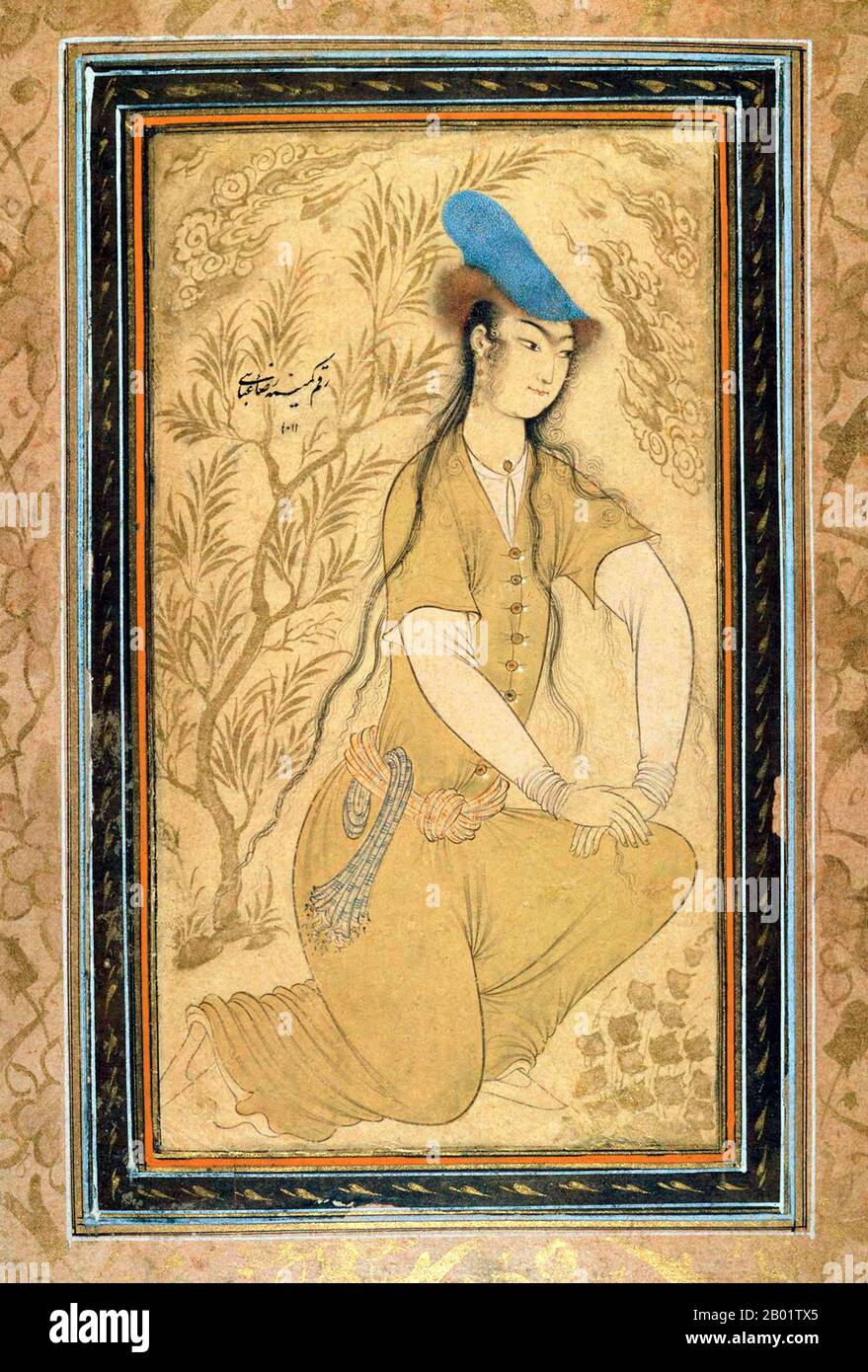Iran : une jeune femme dans un chapeau de fourrure. Aquarelle de Riza Abbasi (c. 1565-1635), c. 1620. Riza Abbasi, Riza yi-Abbasi ou Reza-e Abbasi, également Aqa Riza ou Āqā Riżā Kāshānī, était le principal miniaturiste persan de l'école d'Ispahan au cours de la dernière période safavide, passant la majeure partie de sa carrière à travailler pour Shah Abbas I (R. 1587-1629). Il est considéré comme le dernier grand maître de la miniature persane, surtout connu pour ses miniatures uniques pour muraqqa ou albums, en particulier les figures uniques de belles jeunes. Banque D'Images