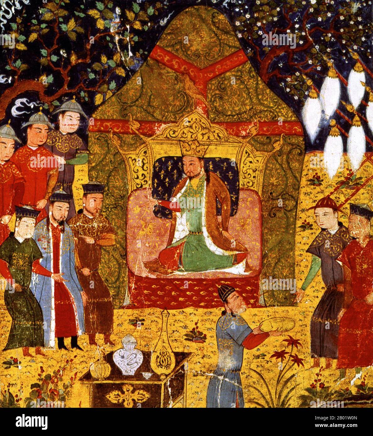 Iran/Perse/Mongolie : Gengis Khan monte sur le trône dans le Yeke Quriltai près de la région source de la rivière Onon, 1206. Peinture miniature de Rashid al-DIN, Jami al-Tawarikh, 1305 le Jāmiʿ al-tawārīkh (« Compendium des chroniques ») ou histoire universelle est une œuvre iranienne de littérature et d'histoire écrite par Rashid al-DIN Hamadani au début du XIVe siècle. Banque D'Images