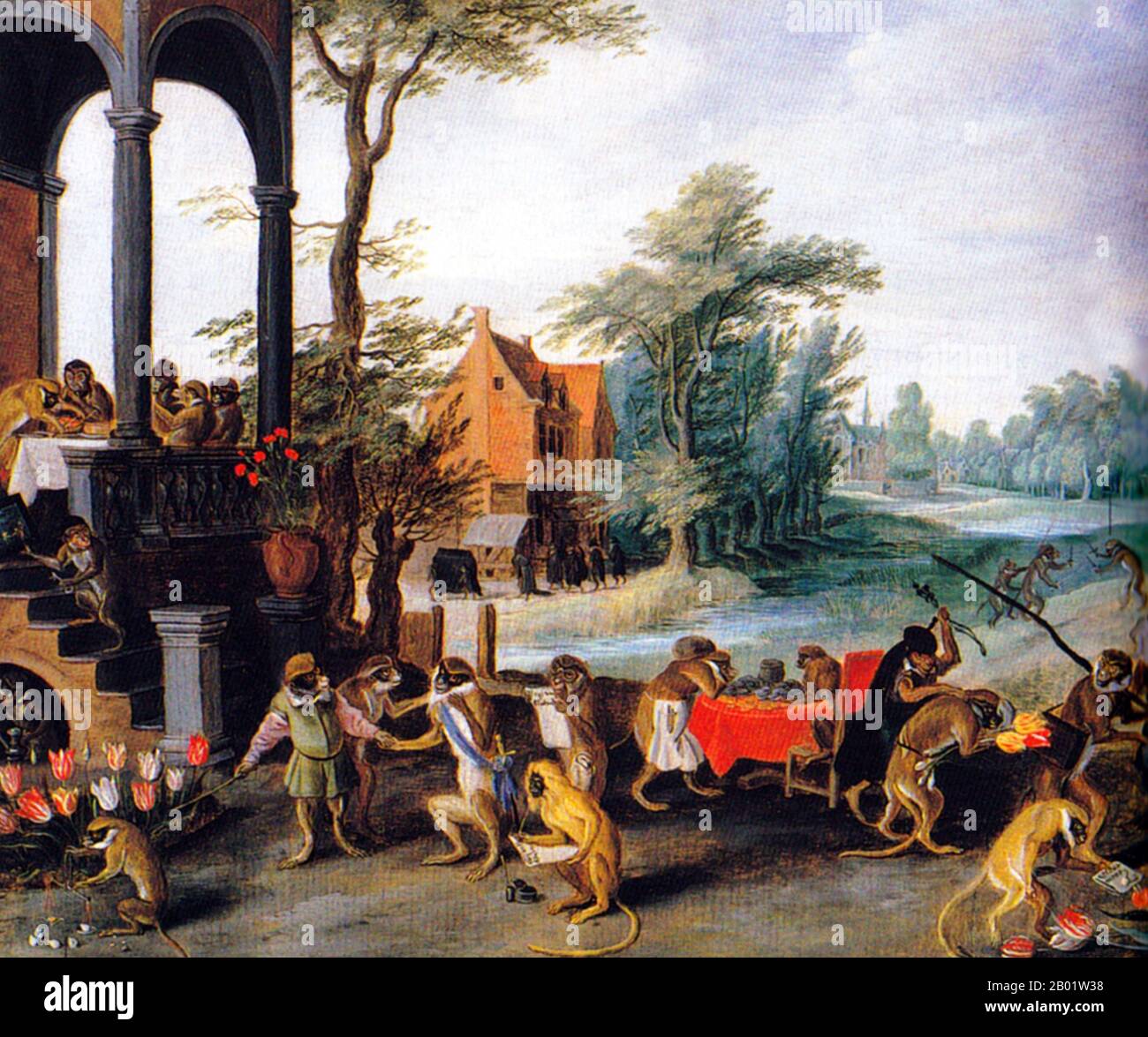 Pays-Bas/Hollande : 'a satire of Tulip Mania'. Huile sur panneau de Jan Brueghel le jeune (1601-1678), Anvers, v. 1640s. Le commentaire satirique de Brueghel reflète l'effondrement de la Tulipomania dans les années 1640 Dans la peinture, les spéculateurs sont représentés comme des singes sans cerveau dans une robe contemporaine de classe supérieure. Dans un commentaire sur la folie économique de Tulipomania, un singe urine sur les plantes précédemment précieuses, d'autres apparaissent dans le tribunal du débiteur et l'autre est emporté dans la tombe. Banque D'Images