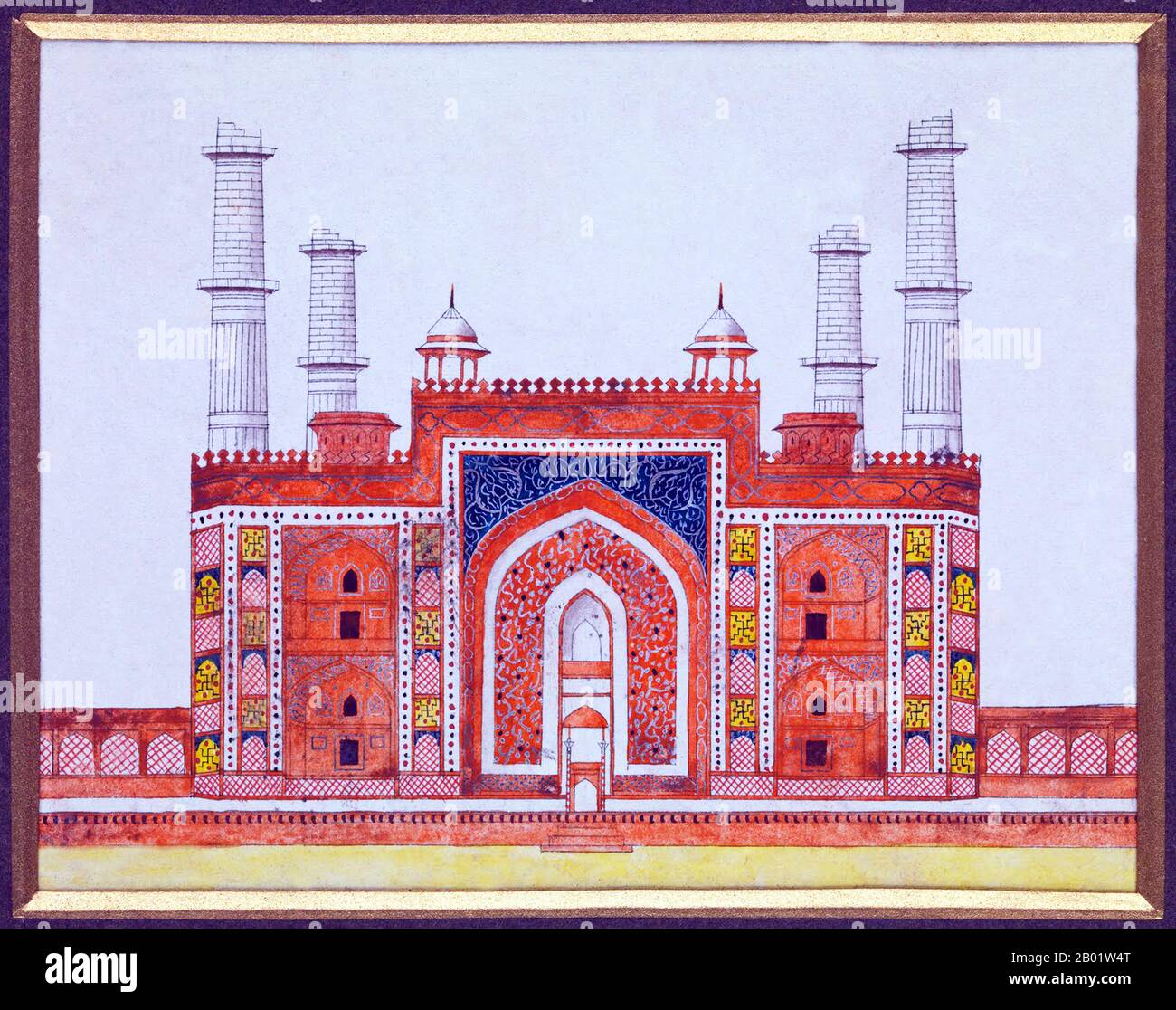 Inde : le mausolée du début du XVIIe siècle de l'empereur moghol Akbar. Aquarelle par la Compagnie des Indes orientales, c. 1820-1829. Le tombeau du troisième empereur moghol Akbar (R. 1556-1605) est un chef-d'œuvre architectural moghol important, construit en 1605-1613 et situé sur 119 acres de terrain à Sikandra, une banlieue d'Agra, Uttar Pradesh, Inde. L'empereur Akbar lui-même a commencé sa construction vers 1600, selon la tradition d'Asie centrale pour commencer la construction de sa tombe pendant sa vie. Akbar lui-même a planifié sa propre tombe et a choisi un site approprié. Il a été complété par son fils. Banque D'Images