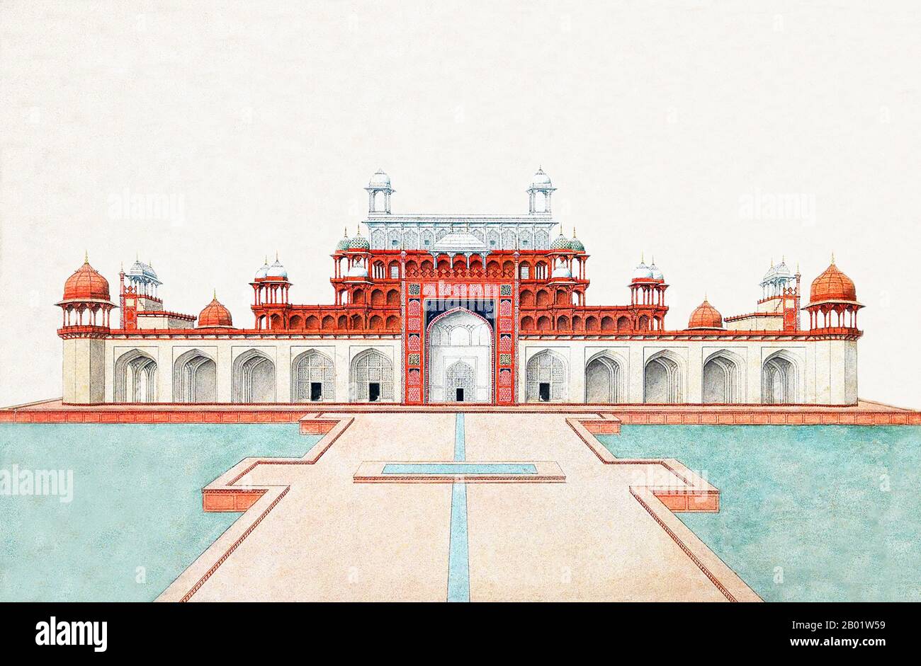 Inde : le mausolée du début du XVIIe siècle de l'empereur moghol Akbar. Aquarelle par la Compagnie des Indes orientales, XIXe siècle. Le tombeau du troisième empereur moghol Akbar (R. 1556-1605) est un chef-d'œuvre architectural moghol important, construit en 1605-1613 et situé sur 119 acres de terrain à Sikandra, une banlieue d'Agra, Uttar Pradesh, Inde. L'empereur Akbar lui-même a commencé sa construction vers 1600, selon la tradition d'Asie centrale pour commencer la construction de sa tombe pendant sa vie. Akbar lui-même a planifié sa propre tombe et a choisi un site approprié. Il a été complété par son fils. Banque D'Images