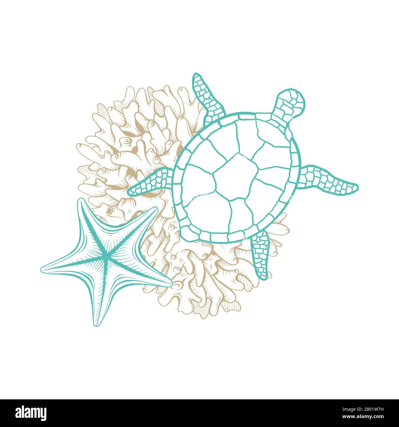 Dessin de lignes d'art marin, tortue de mer vectorielle dans le style mosaïque, coraux d'esquisse et étoiles de mer. La vie dans l'océan et l'eau de mer, le paradis tropical et la composition de dessin de ligne nautique en couleur or et turquoise Illustration de Vecteur