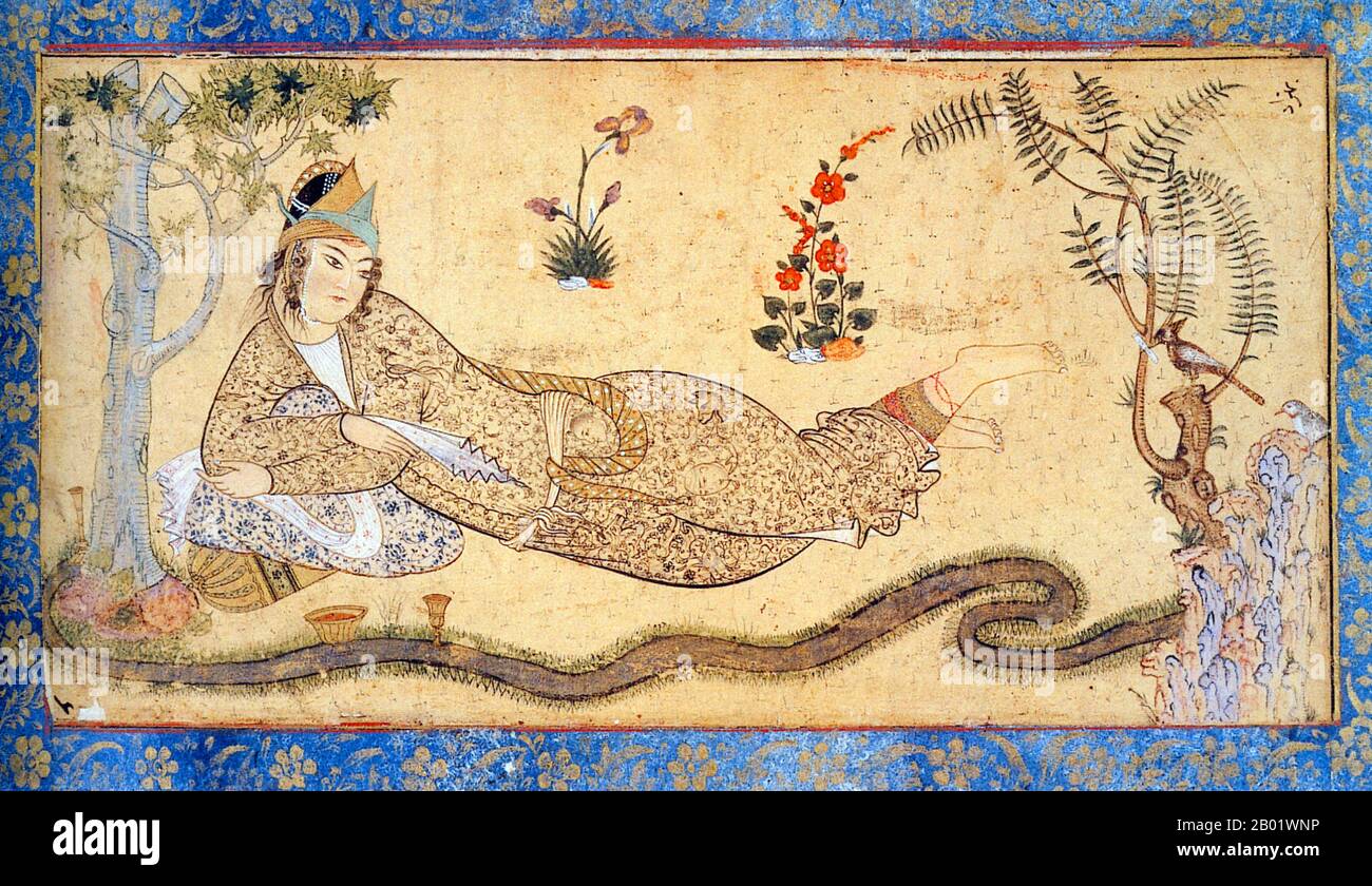 Iran/Perse/Yémen : 'la Reine de Sheba (Bilqis) et le Hoopoe, Messager de Salomon'. Peinture à l'encre de la dynastie Safavid, v. 1590-1600. La reine de Sheba était un monarque de l'ancien Royaume de Sheba et est mentionnée dans l'histoire éthiopienne, la Bible, le Coran, la tradition coutumière yoruba et Josèphe. Elle est largement supposée avoir été une reine régnante, bien qu'il n'y ait aucune preuve historique de cela ; en fait, elle peut avoir été une reine consort. L'emplacement de son Royaume aurait été en Éthiopie et au Yémen. Banque D'Images