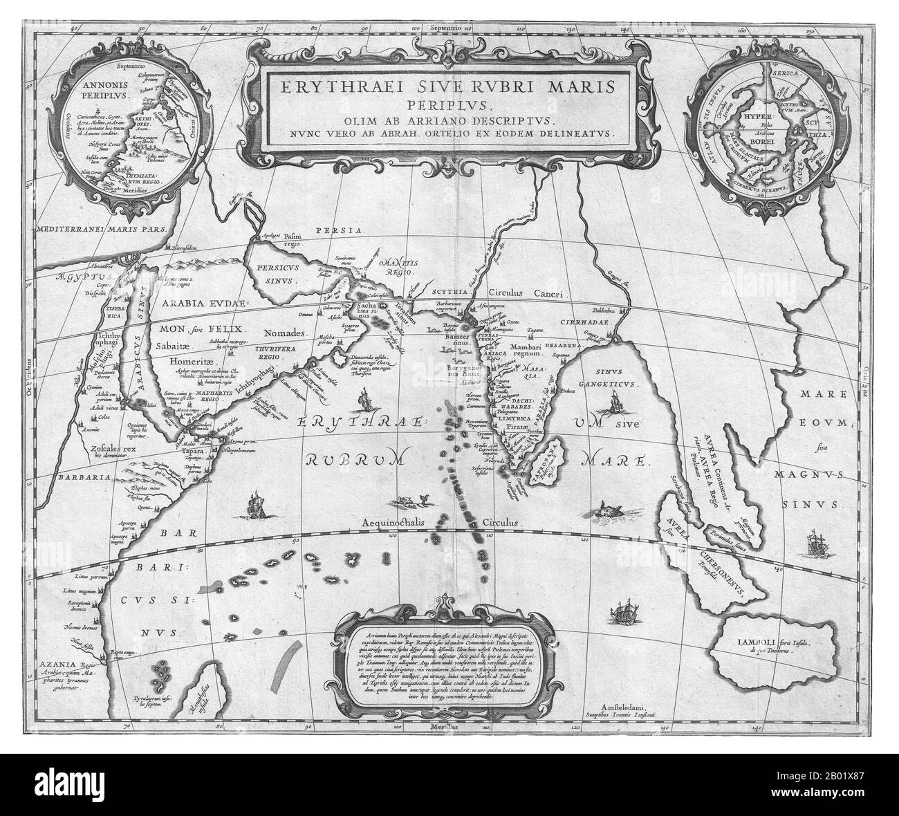 Pays-Bas/Hollande : carte de l'Océan Indien dans l'Antiquité basée sur le Périplus de la mer Erythréenne. Edité par Jan Jansson (1588-1664), Amsterdam, 1658. Le Périplus de la mer Érythrée ou Périplus de la mer Rouge est un périplus gréco-romain, écrit en grec, décrivant les possibilités de navigation et de commerce des ports égyptiens romains comme Bérénice le long de la côte de la mer Rouge, et d'autres le long du nord-est de l'Afrique et du sous-continent indien. Le texte a été attribué à différentes dates entre le Ier et le IIIe siècle de notre ère, mais une date du milieu du Ier siècle est maintenant la plus communément acceptée. Banque D'Images