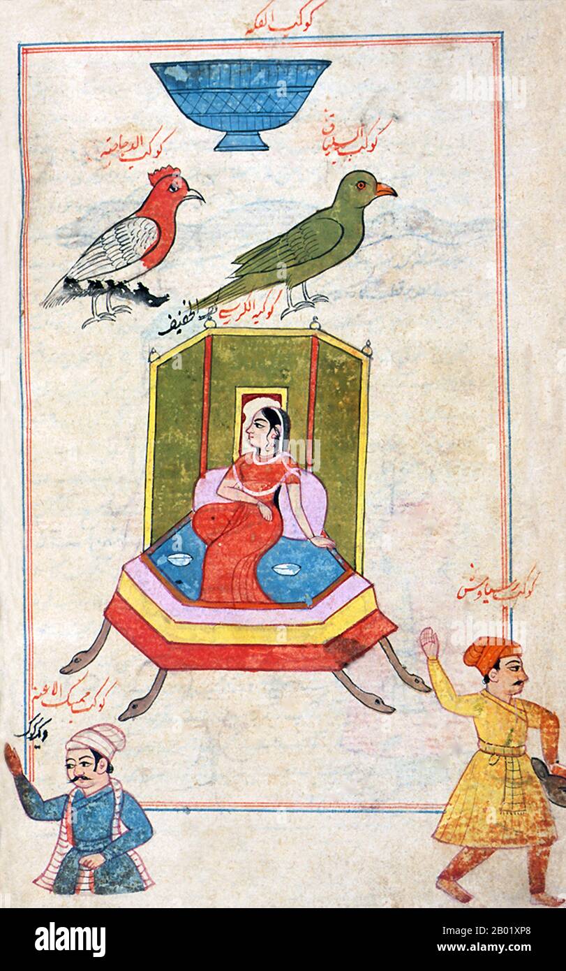 Inde : six constellations de l'hémisphère Nord. Peinture miniature de «Ajā’IB al-makhlūqāt wa-gharā’IB al-mawjūdāt» («merveilles des choses créées et aspects miraculeux des choses existantes») par Zakariya al-Qazwīnī (1203-1283), XVIIe siècle six constellations du ciel septentrional: Corona Borealis (al-fakkah, en arabe), Cygnus (al-dajajah) représenté ici comme un oiseau à crête, et Lyra représentée comme un perroquet vert, avec Cassiopée assise sur un trône au milieu, et Persée (en bas à droite) et Boátes (en bas à gauche). Banque D'Images