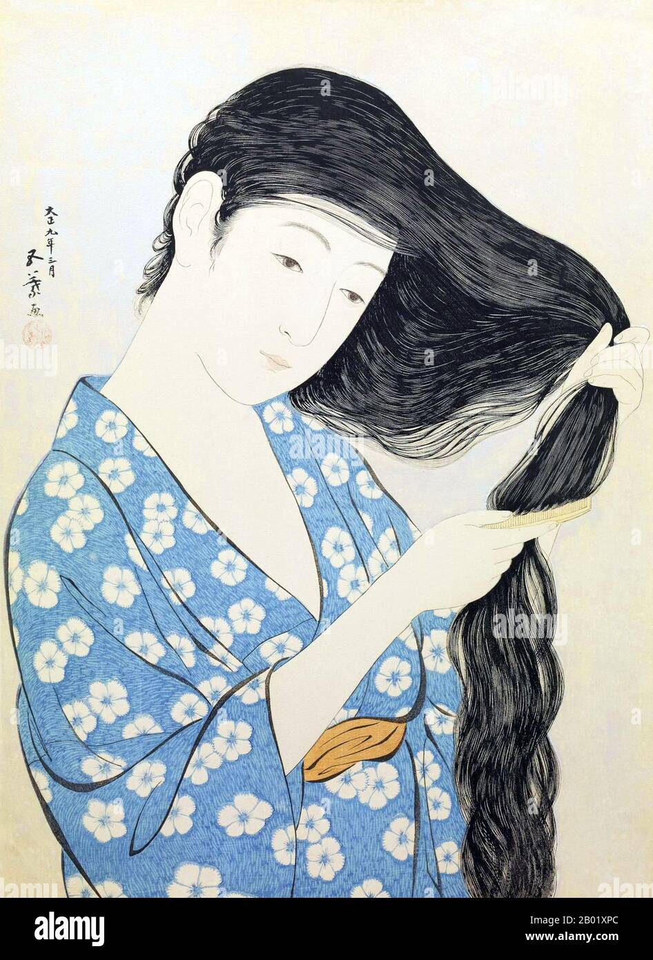 Goyō Hashiguchi (橋口 五葉 Hashiguchi Goyō, 21 décembre 1880 - 24 février 1921) était un peintre japonais et un artiste de bois. Hashiguchi est né Hashiguchi Kiyoshi dans la préfecture de Kagoshima. Son père Hashiguchi Kanemizu était un samouraï et peintre amateur dans le style chijo. Son père a embauché un professeur dans le style Kano de la peinture en 1899 quand Kiyoshi n'était que dix. Kiyoshi prit le nom de Goyo en assistant à l'École des beaux-arts de Tokyo, dont il obtient le meilleur diplôme de sa classe en 1905. Banque D'Images