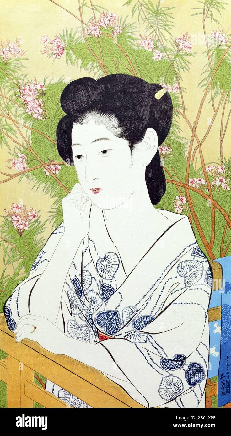 Goyō Hashiguchi (橋口 五葉 Hashiguchi Goyō, 21 décembre 1880 - 24 février 1921) était un peintre japonais et un artiste de bois. Hashiguchi est né Hashiguchi Kiyoshi dans la préfecture de Kagoshima. Son père Hashiguchi Kanemizu était un samouraï et peintre amateur dans le style chijo. Son père a embauché un professeur dans le style Kano de la peinture en 1899 quand Kiyoshi n'était que dix. Kiyoshi prit le nom de Goyo en assistant à l'École des beaux-arts de Tokyo, dont il obtient le meilleur diplôme de sa classe en 1905. Banque D'Images