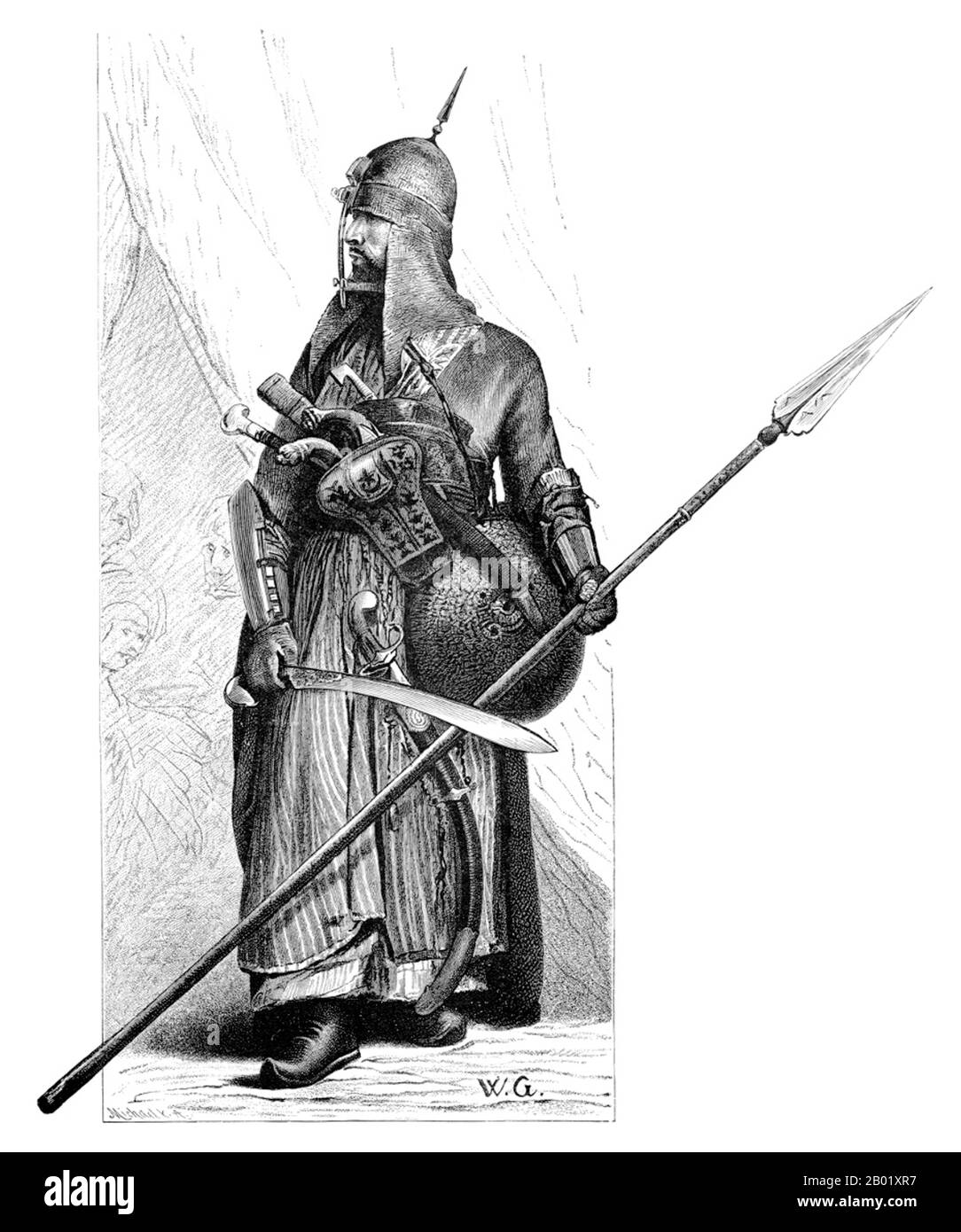 Egypte/Syrie : un soldat mamelouk en pleine armure. Illustration de Georg Moritz Ebers (1837-1898), 1878. Mamluk (mamālīk pluriel), « propriétaire » ; également appelé Mamlouk, Kölemen, Mamluq, Mamluke, Mameluk, Mameluke, Mamaluke ou Marmeluke. Un Mamelouk est un soldat d'origine esclave, principalement Cuman ou Kiptak et plus tard circassien et géorgien. Le «phénomène mamelouk», comme David Ayalon l'a surnommé la création de la classe guerrière spécifique, était d'une grande importance politique et a été extraordinairement long, duré du IXe au XIXe siècle de notre ère. Au fil du temps, les Mamelouks sont devenus une puissante caste militaire. Banque D'Images