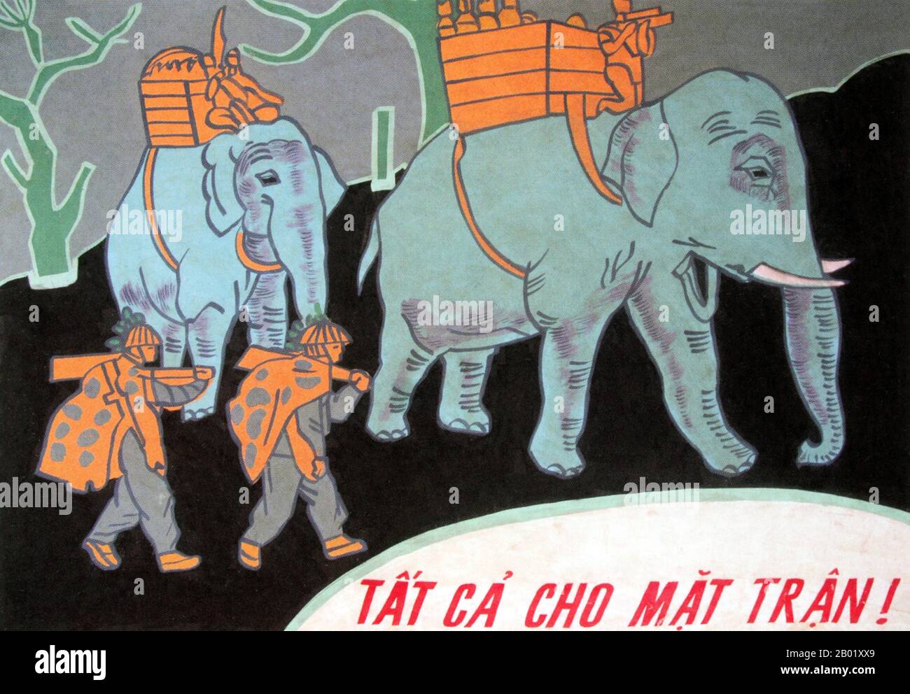 Vietnam : affiche de propagande communiste - "tout pour le front de bataille". La seconde guerre d'Indochine, connue en Amérique sous le nom de guerre du Vietnam, est un conflit militaire de la guerre froide qui a eu lieu au Vietnam, au Laos et au Cambodge du 1er novembre 1955 à la chute de Saïgon le 30 avril 1975. Cette guerre a suivi la première guerre d'Indochine et a été menée entre le Nord-Vietnam, soutenu par ses alliés communistes, et le gouvernement du Sud-Vietnam, soutenu par les États-Unis et d'autres Nations anti-communistes. Les États-Unis considéraient l'implication dans la guerre comme un moyen d'empêcher une prise de contrôle communiste du Sud-Vietnam. Banque D'Images