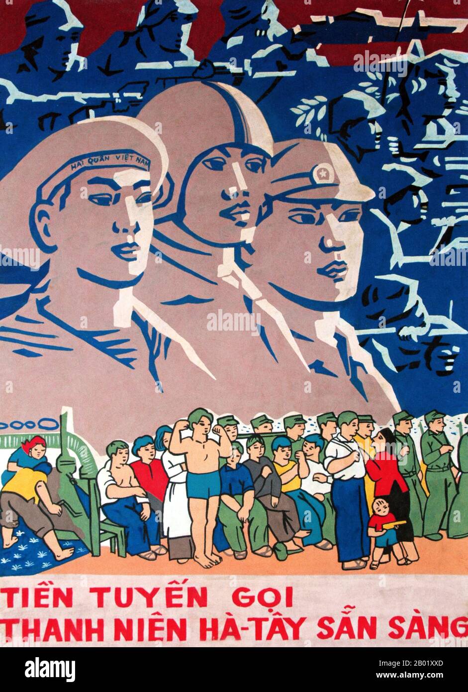 Vietnam : affiche de propagande communiste - "le front de bataille appelle les jeunes de Ha Tay à la lutte". La seconde guerre d'Indochine, connue en Amérique sous le nom de guerre du Vietnam, est un conflit militaire de la guerre froide qui a eu lieu au Vietnam, au Laos et au Cambodge du 1er novembre 1955 à la chute de Saïgon le 30 avril 1975. Cette guerre a suivi la première guerre d'Indochine et a été menée entre le Nord-Vietnam, soutenu par ses alliés communistes, et le gouvernement du Sud-Vietnam, soutenu par les États-Unis et d'autres Nations anti-communistes. Banque D'Images Vietnam : affiche de propagande communiste - "le front de bataille appelle les jeunes de Ha Tay à la lutte". La seconde guerre d'Indochine, connue en Amérique sous le nom de guerre du Vietnam, est un conflit militaire de la guerre froide qui a eu lieu au Vietnam, au Laos et au Cambodge du 1er novembre 1955 à la chute de Saïgon le 30 avril 1975. Cette guerre a suivi la première guerre d'Indochine et a été menée entre le Nord-Vietnam, soutenu par ses alliés communistes, et le gouvernement du Sud-Vietnam, soutenu par les États-Unis et d'autres Nations anti-communistes. Banque D'Images