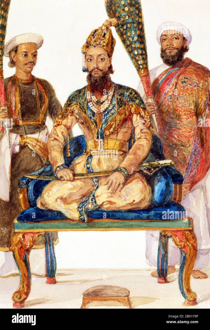 Le prince Mirza Fath-ul-Mulk Bahadur aussi connu sous le nom de Mirza Fakhru (nom complet avec titres royaux : Fath ul-Mulk, Shahzada Mirza Muhammad Sultan Shah, Firuz Jang, Wali Ahd Bahadur né en 1816 ou 1818 au fort rouge, mort le 10 juillet 1856) était le dernier prince héritier de l'Empire Mughal. Prince héritier de la famille impériale de l'Inde, il était le fils de l'empereur Bahadur Shah Zafar, le dernier empereur de l'Inde à travers sa femme Rahim Bukhsh Bai Begum. Il est fait prince héritier en 1853. Il était un frère plus âgé du prince Mirza Mughal et le frère plus jeune de l'ancien prince héritier Mirza Dara Bakht. Il est mort de ch Banque D'Images